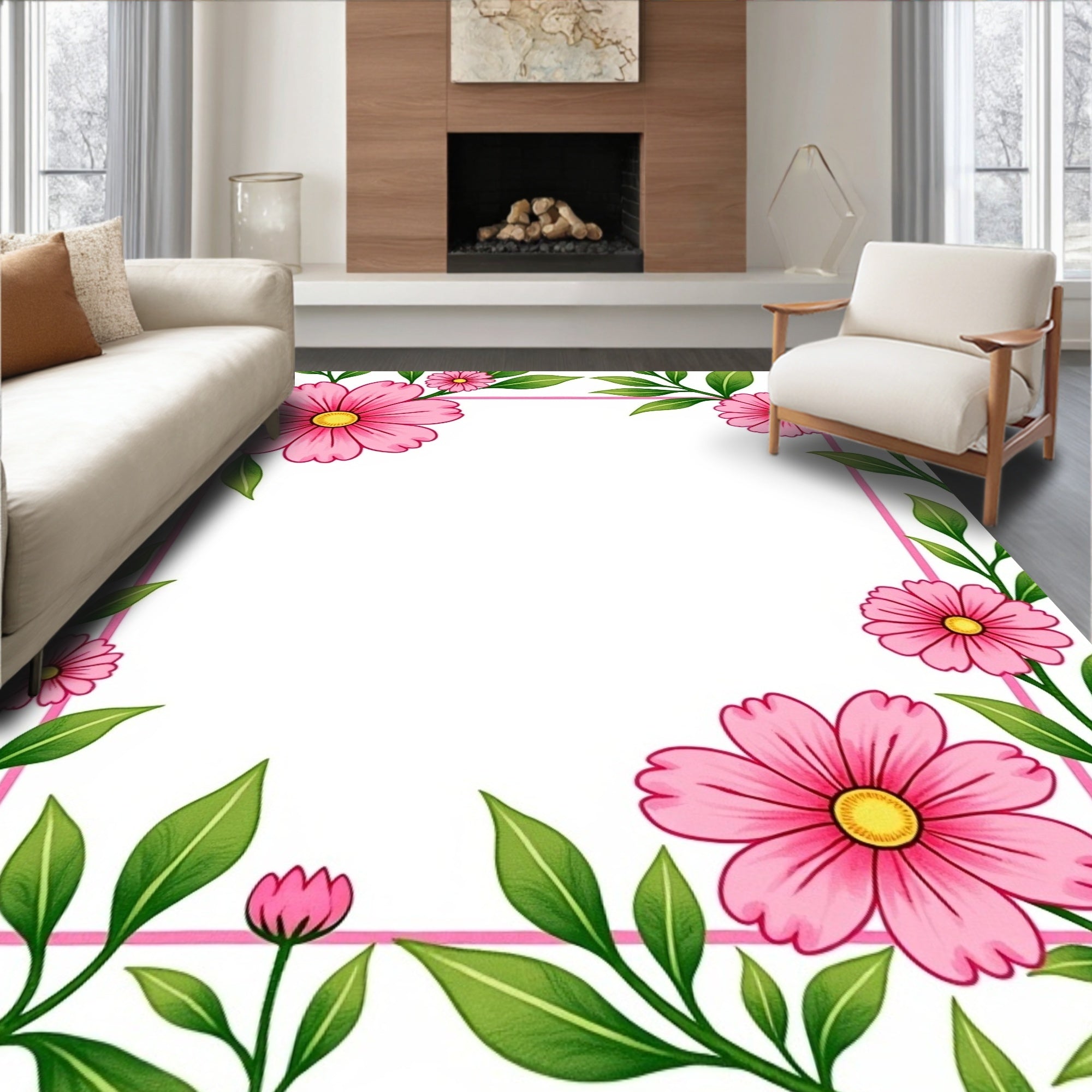 Pink Floral Vine Pattern Rug