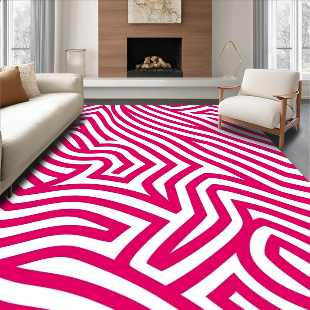 Bold Pink White Abstract Line Design Rug