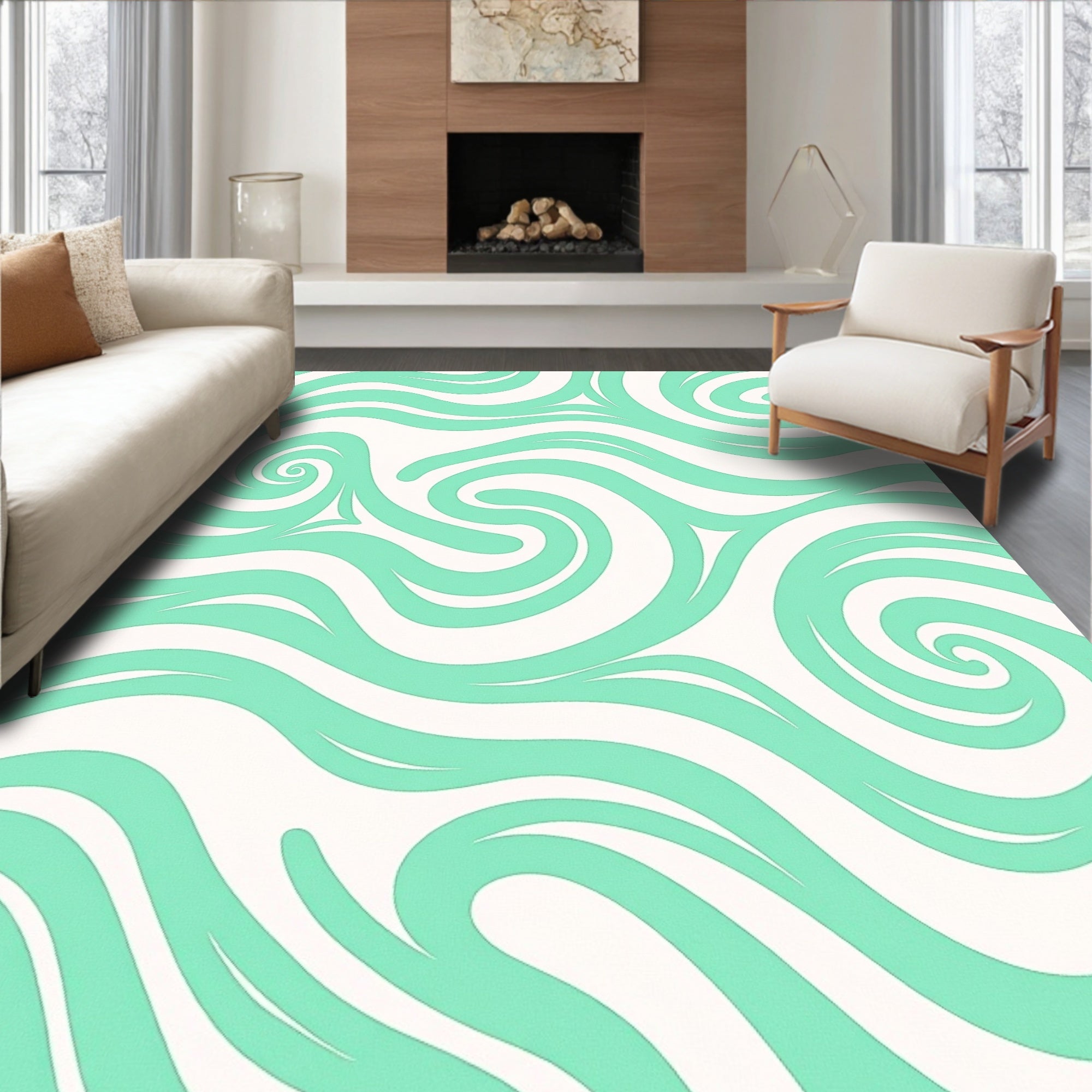 Swirling Aqua Line Art Pattern Rug