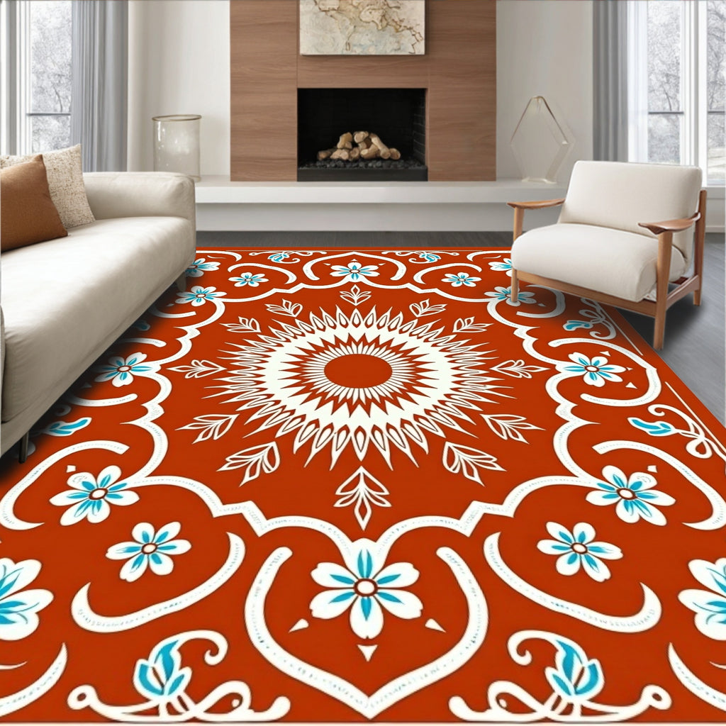 Terracotta Floral And Sunburst Pattern Rug