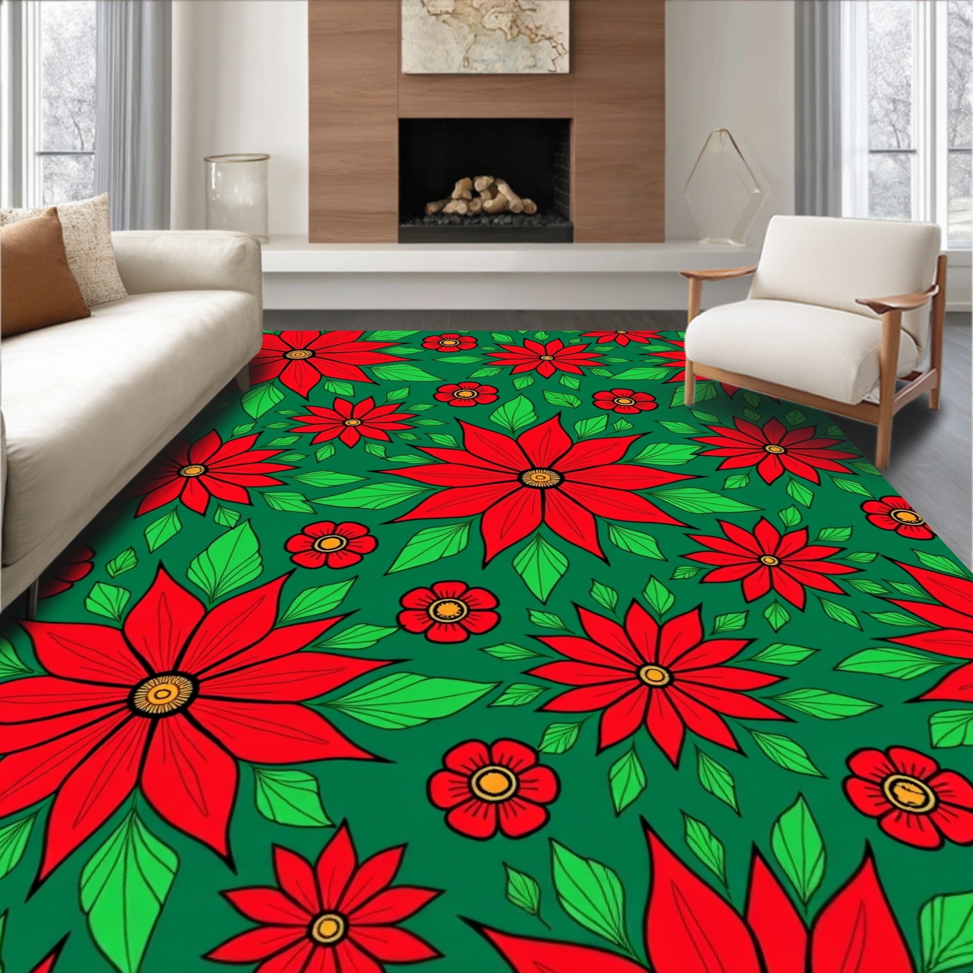 Bold Red Floral Foliage Rug