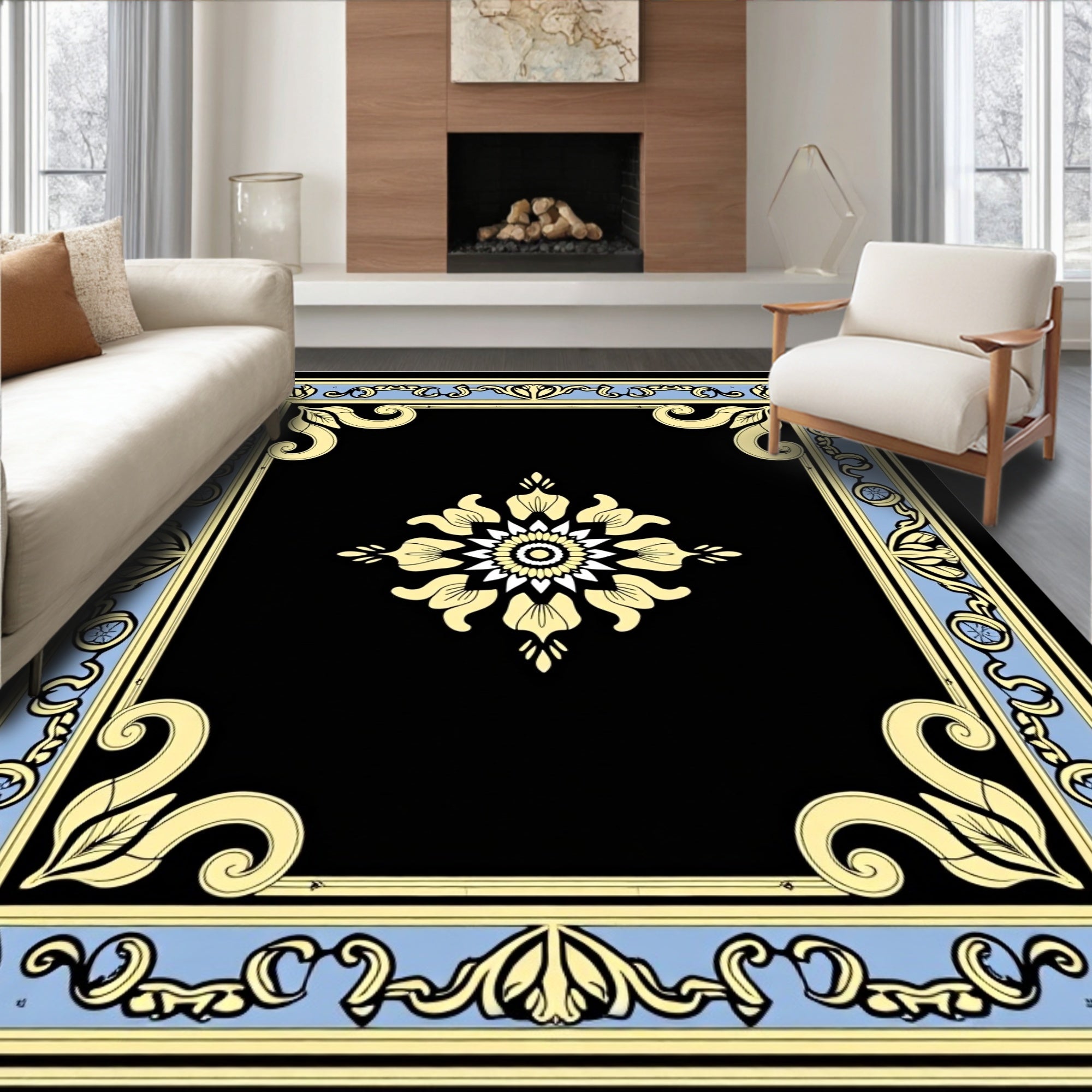 Floral Scrollwork Geometric Black Cream Rug