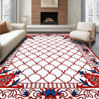 Red Blue Geometric Floral Tile Pattern Rug