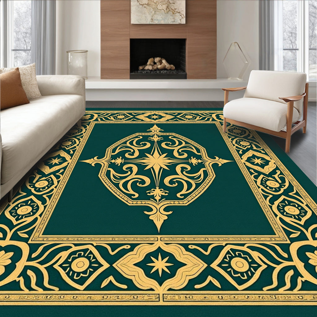 Ornate Gold Teal Scrollwork Design Rug