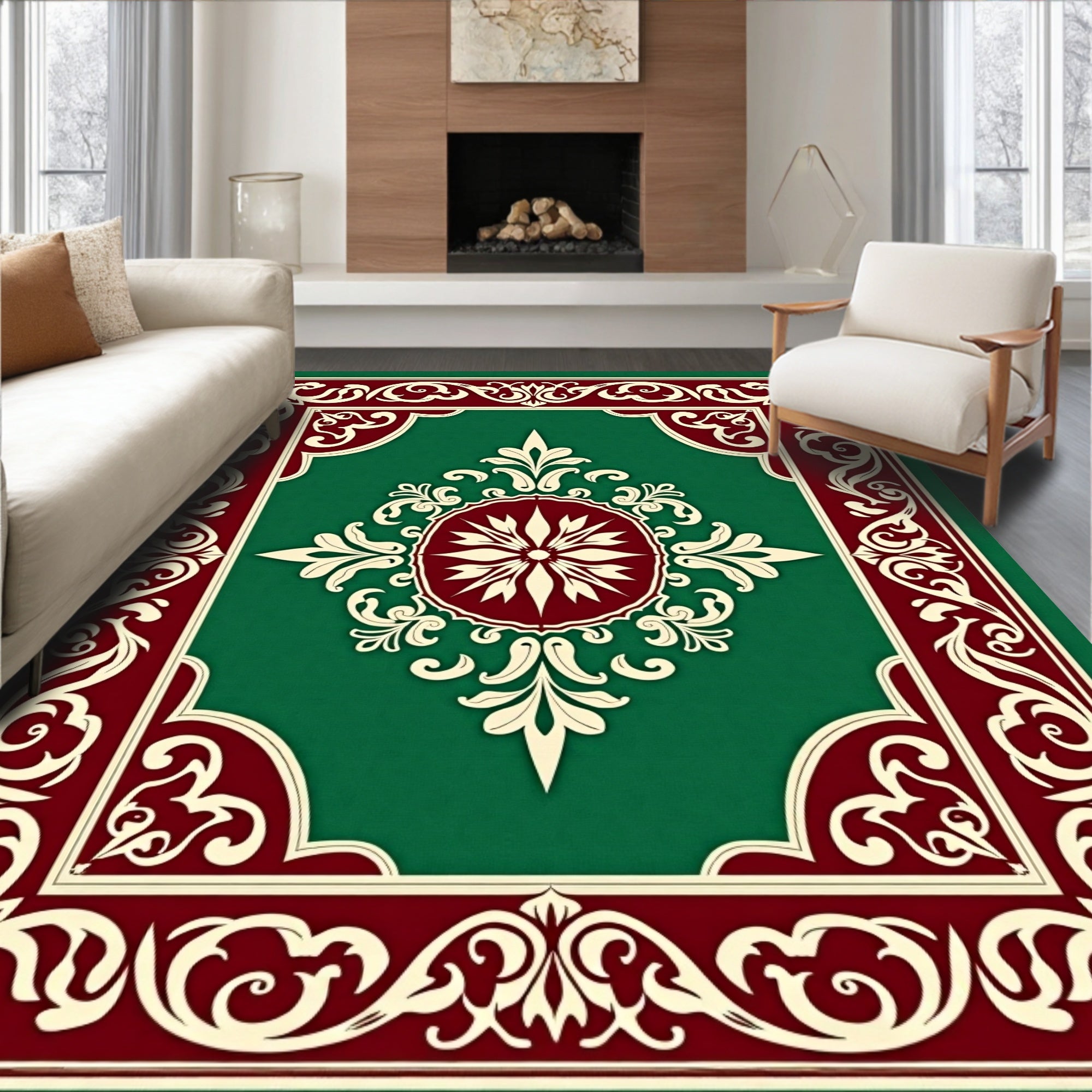 Elegant Crimson Cream Floral Design Rug