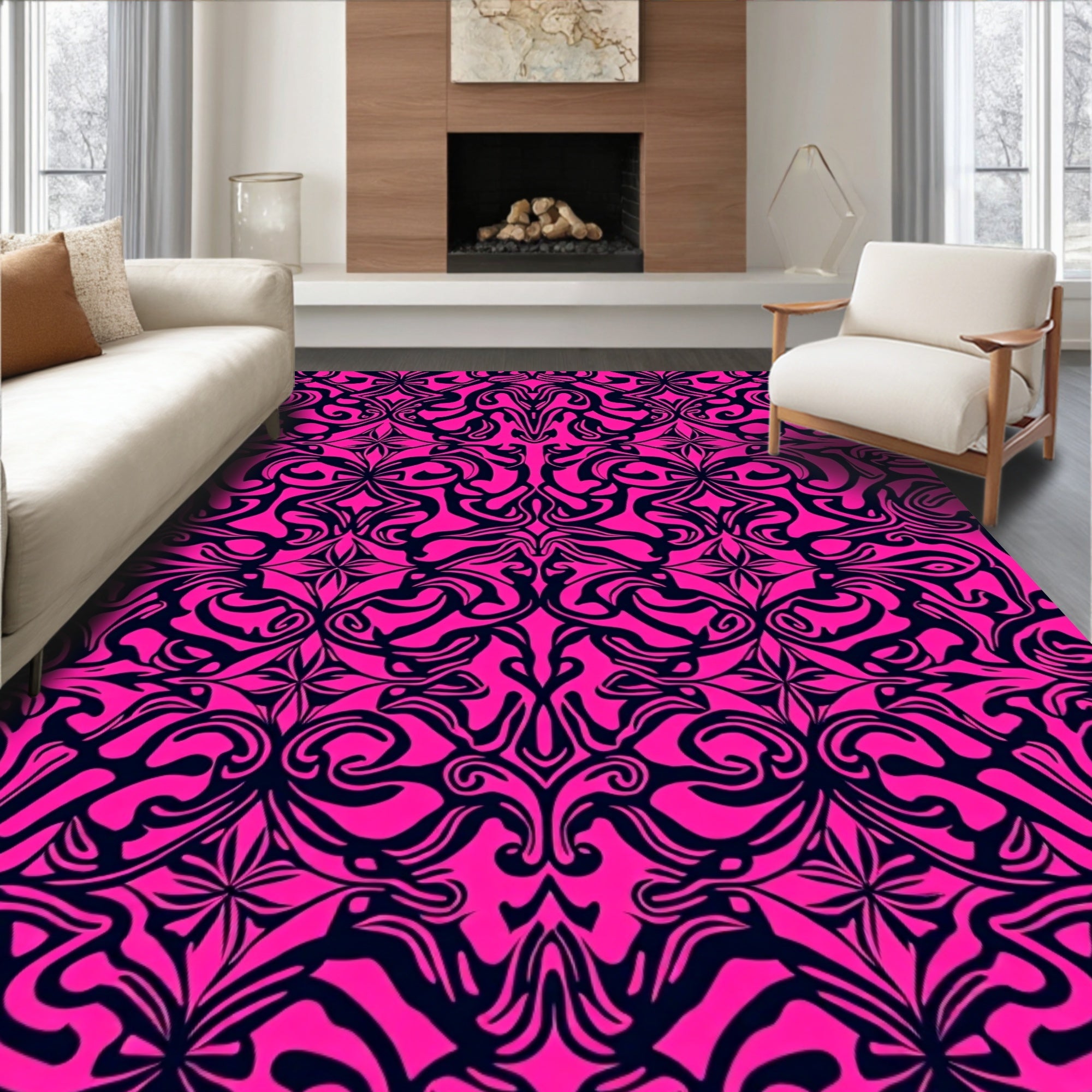 Intricate Pink Black Flourish Pattern Rug
