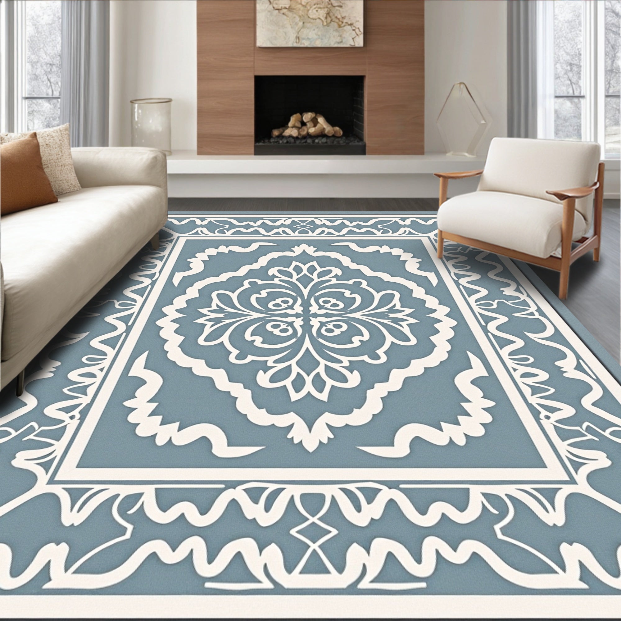 Powdery Blue White Damask Pattern Rug