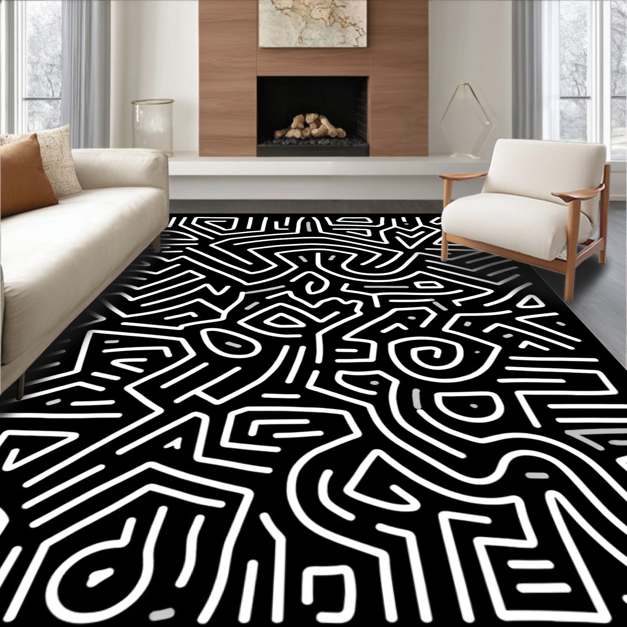 Abstract Maze Black White Design Rug