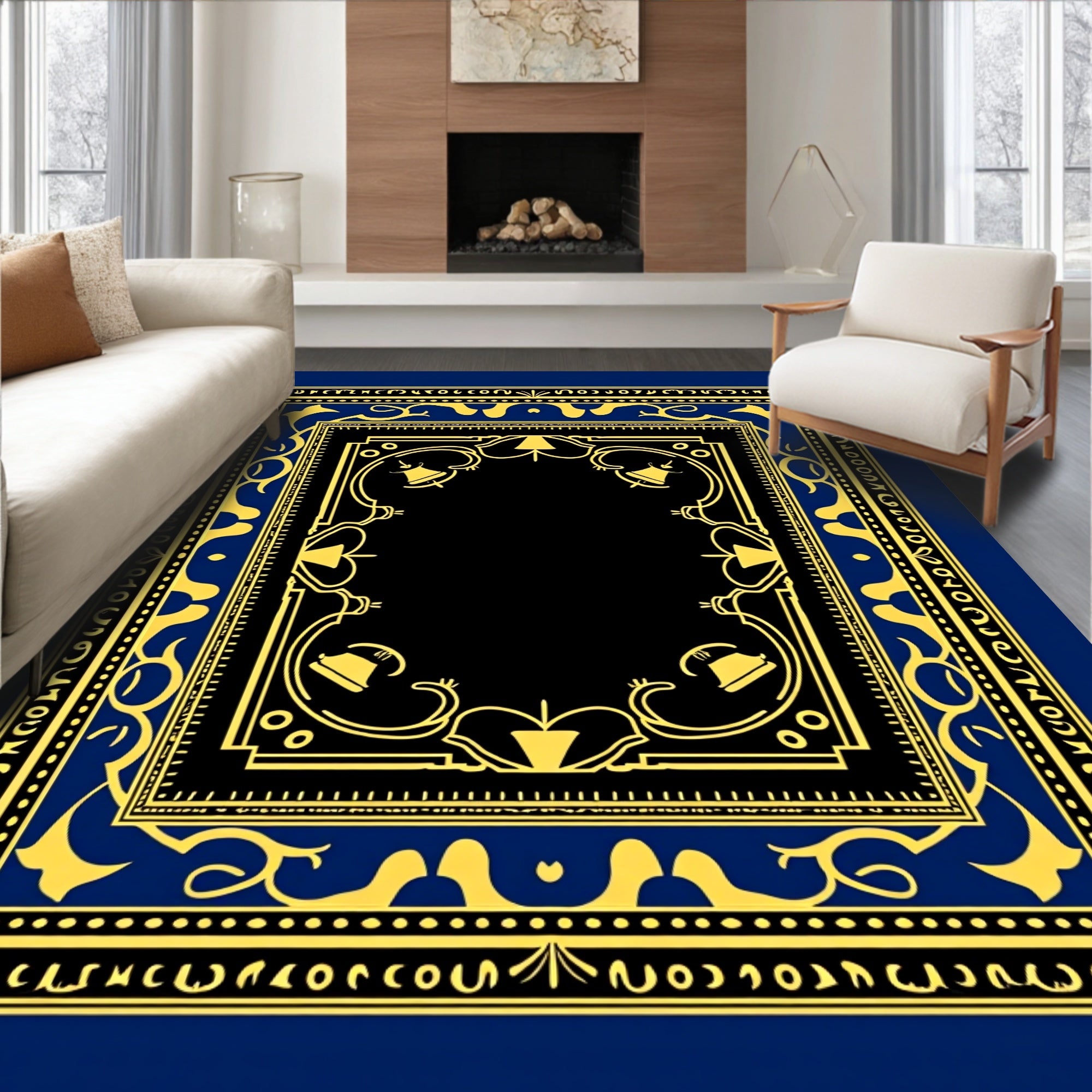 Ornate Navy Blue Golden Bell Artwork Rug