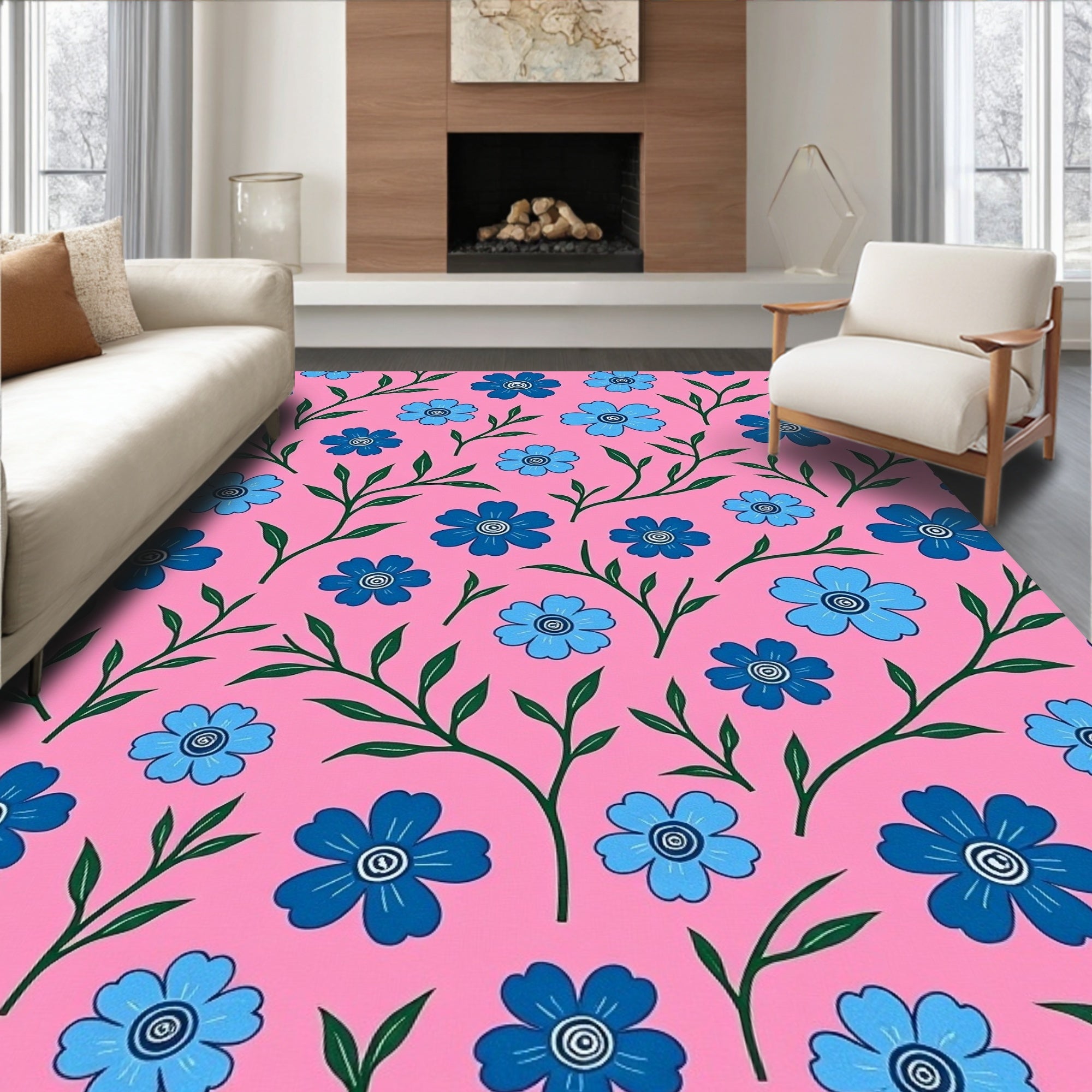 Blue Flower Vine Pattern Design Rug
