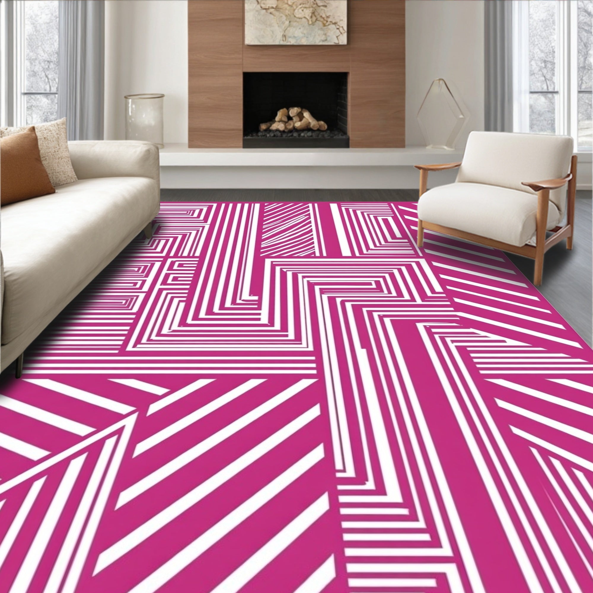 Bold Pink White Geometric Stripe Rug