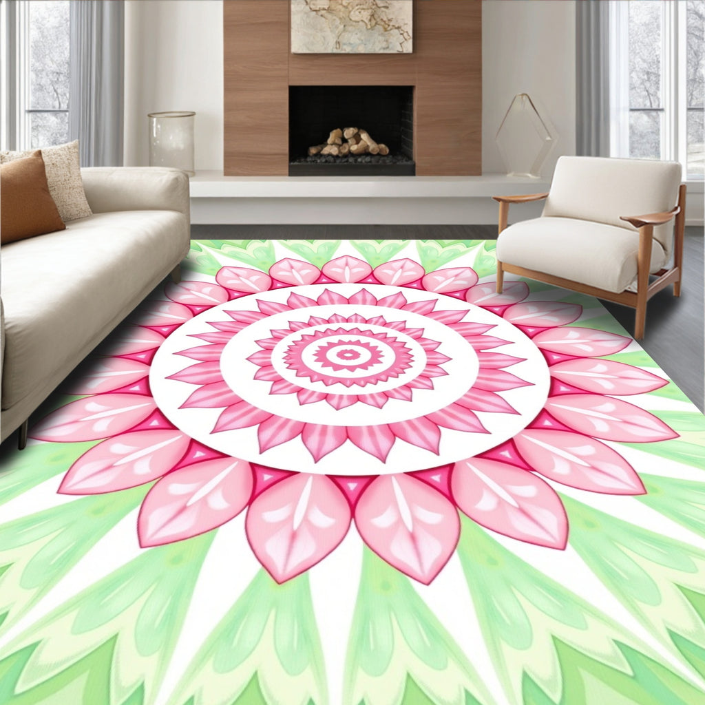 Pink Green Floral Mandala Pattern Rug