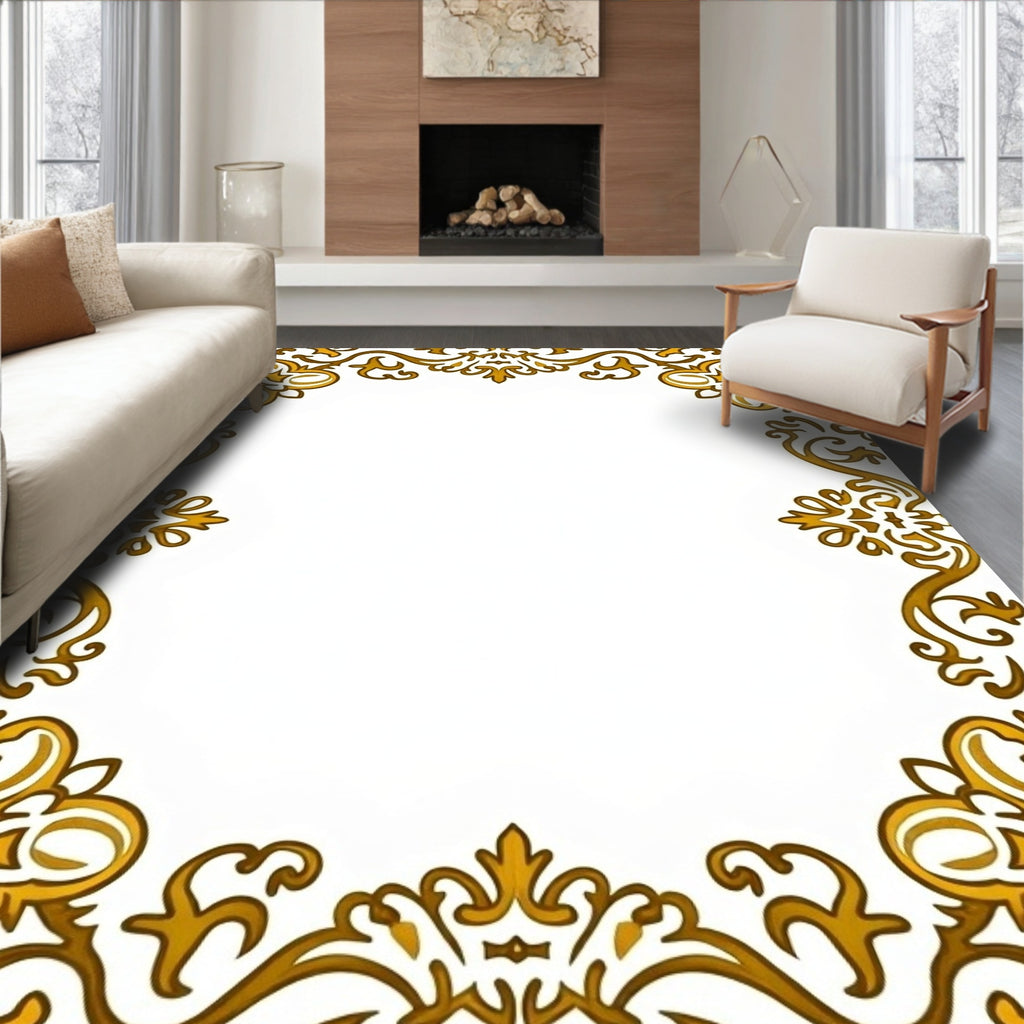 Elegant Gold Scrollwork Frame Motif Rug
