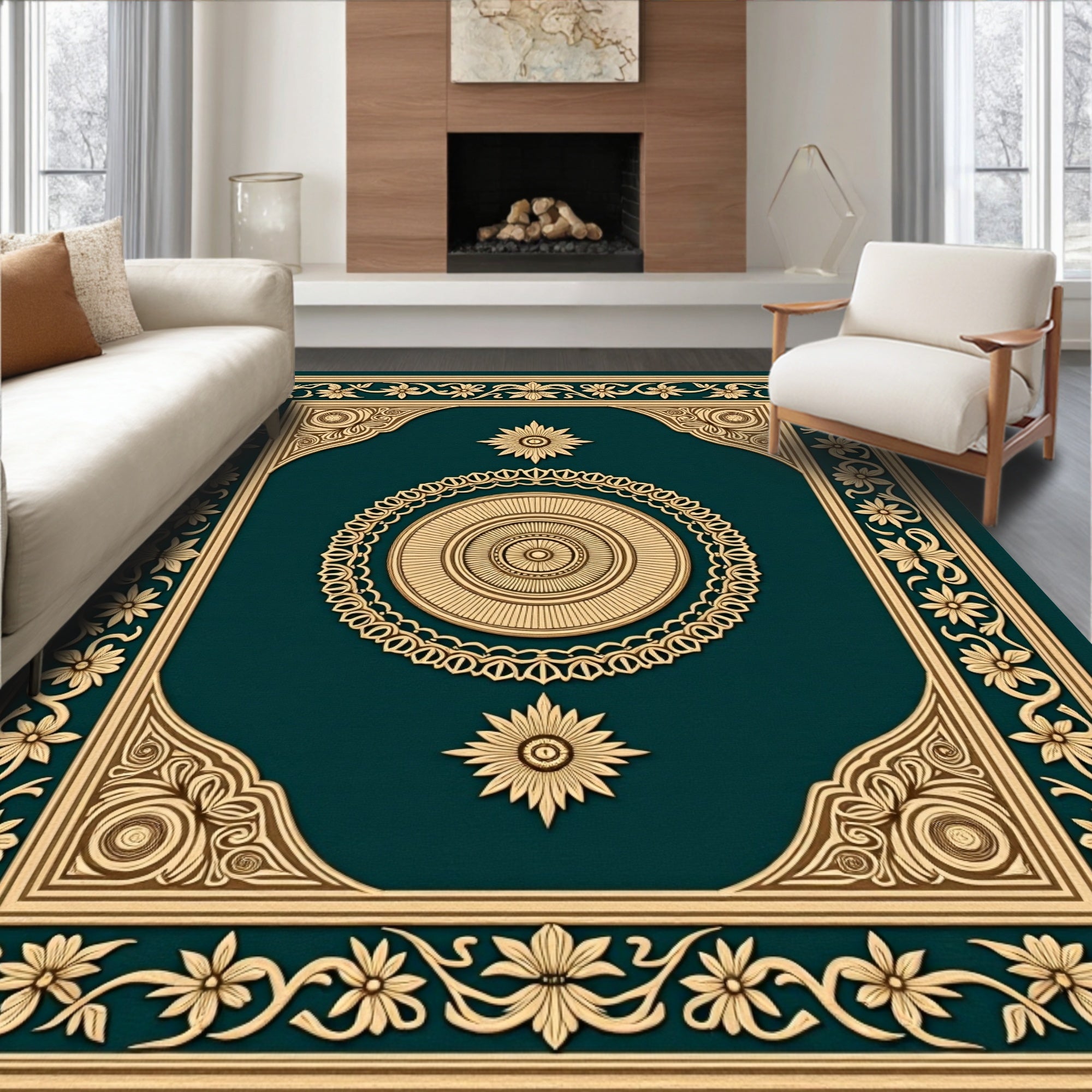 Gold Floral Bordered Teal Medallion Rug
