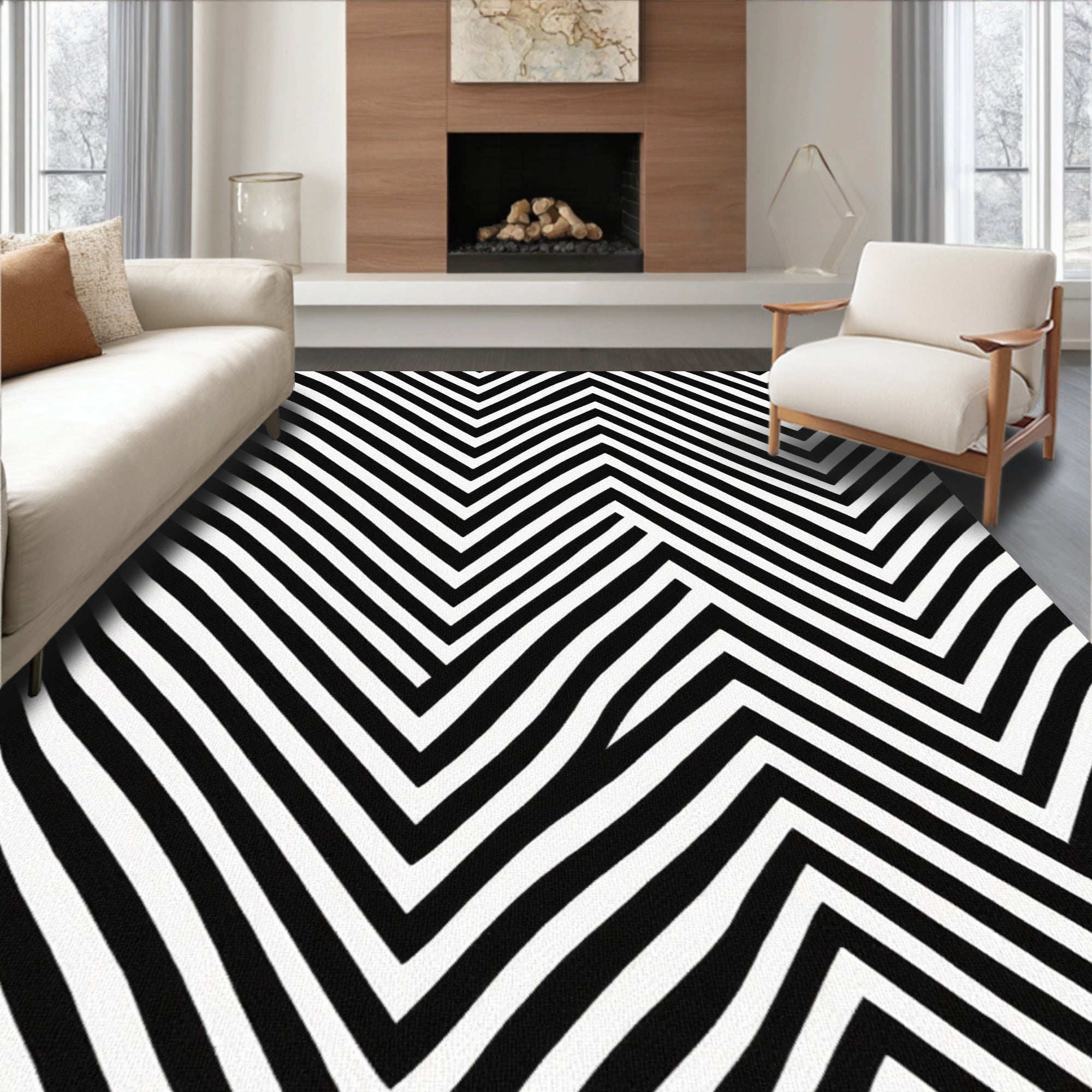 Bold Black White Zigzag Pattern Rug