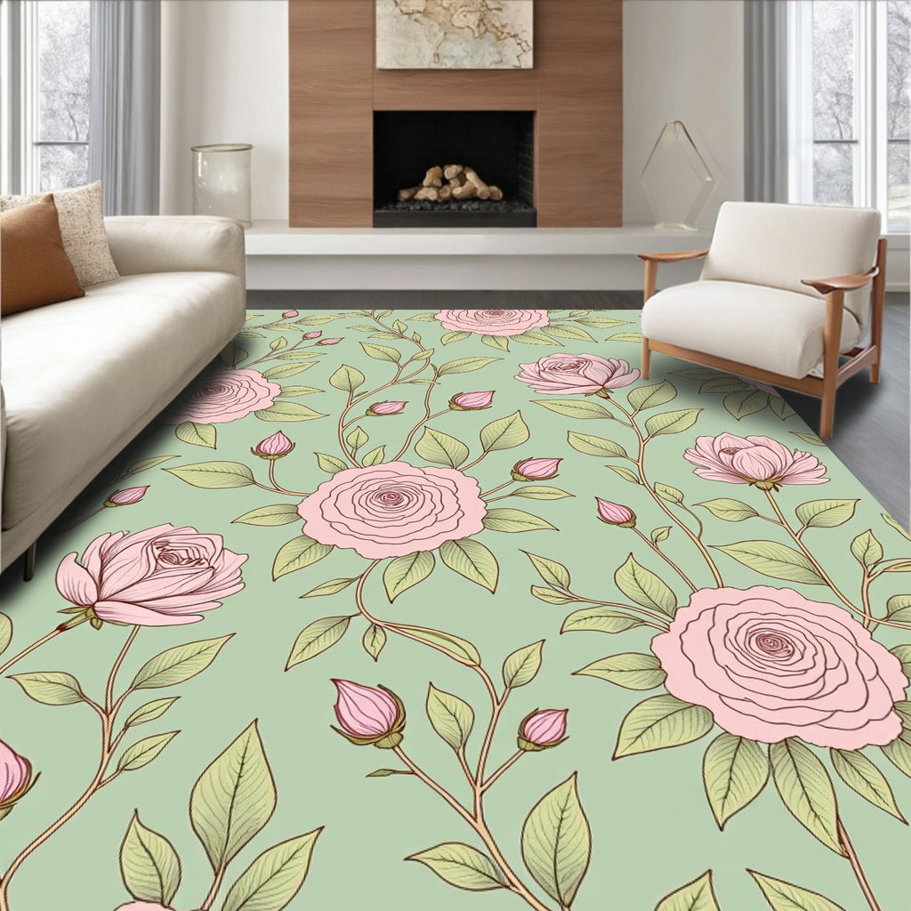 Vintage Pink Rose Floral Vine Pattern Rug