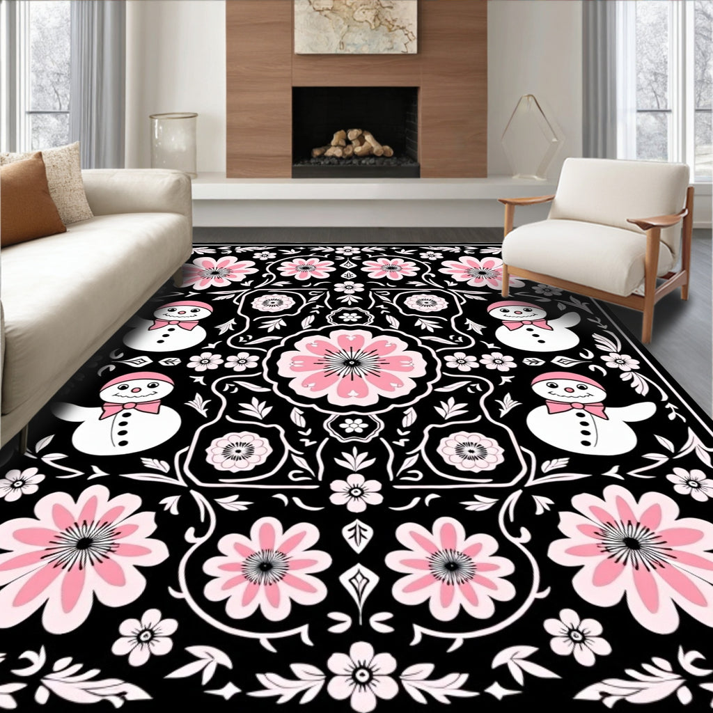 Pink Snowman Floral Black Art Rug