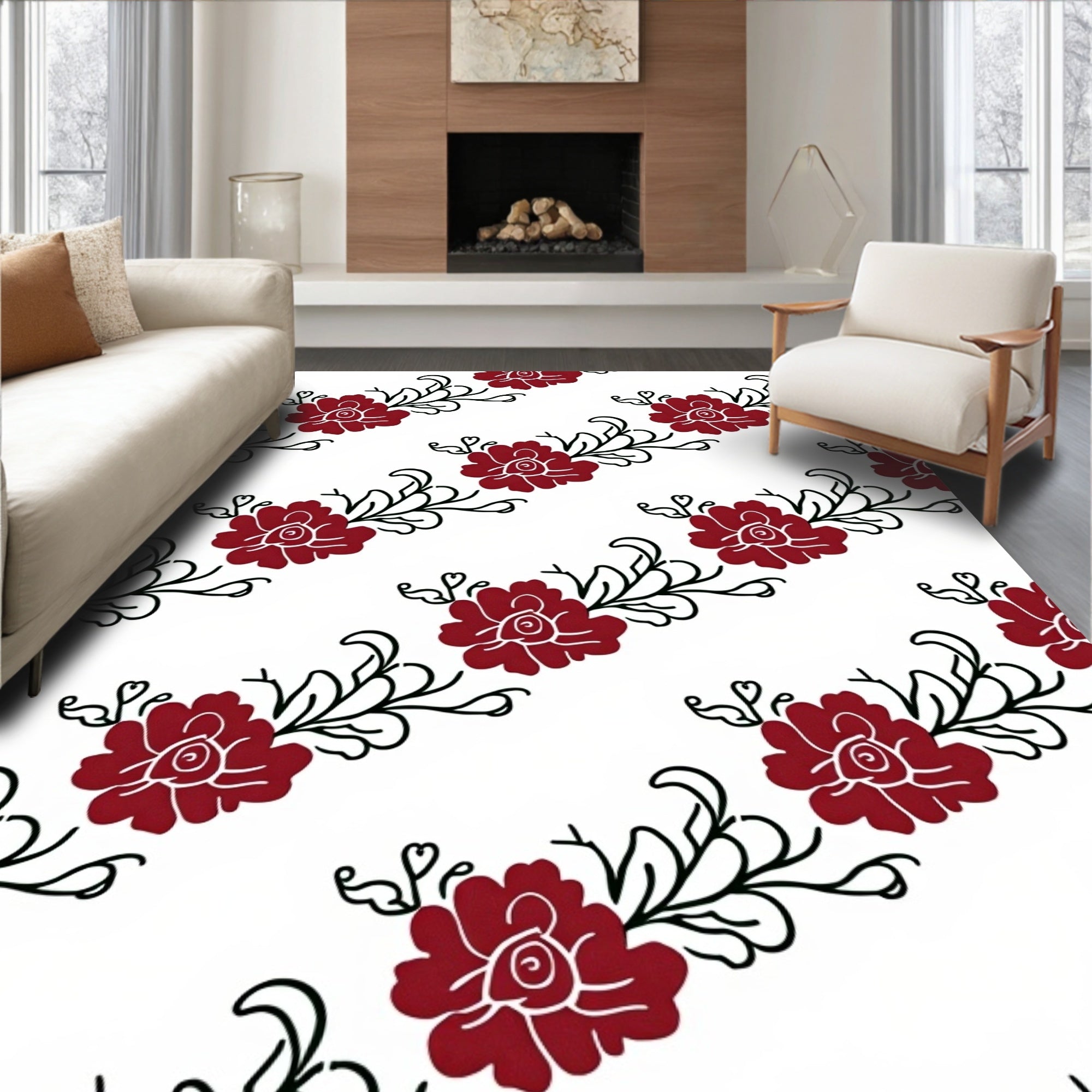 Deep Red Floral Vine Pattern Rug