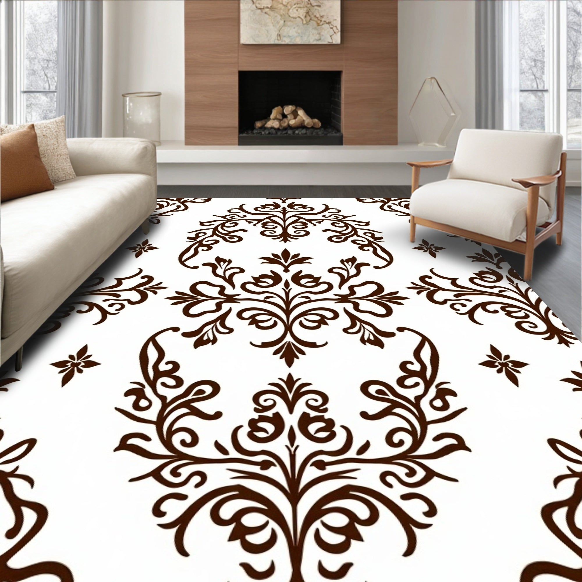 Dark Brown Floral Damask Pattern Rug