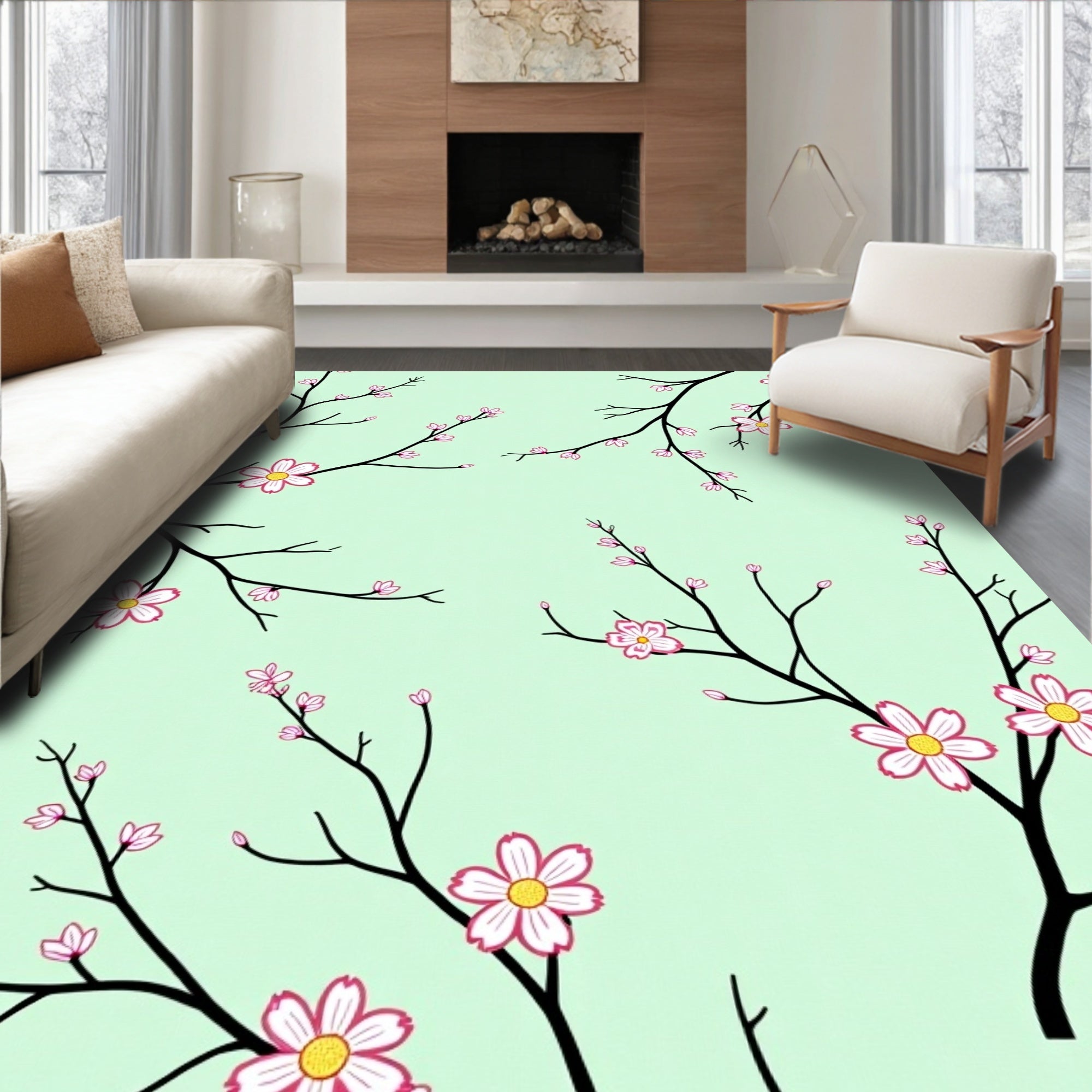 Pink Blossom Branches On Mint Background Rug