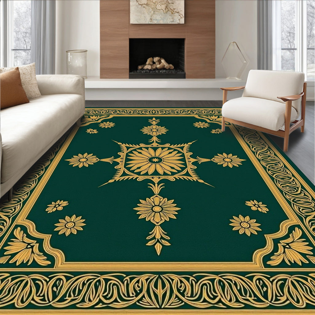 Emerald Floral Motif Intricate Border Rug