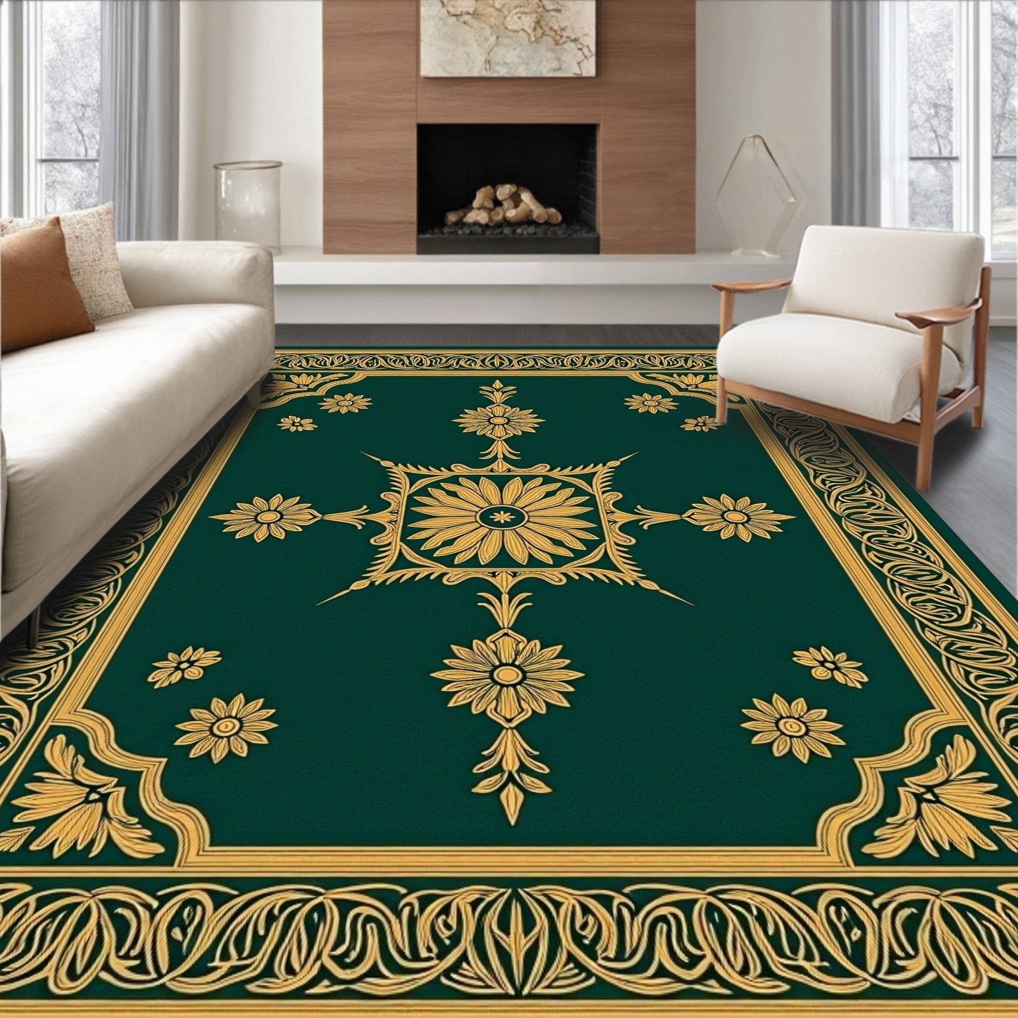 Emerald Floral Motif Intricate Border Rug