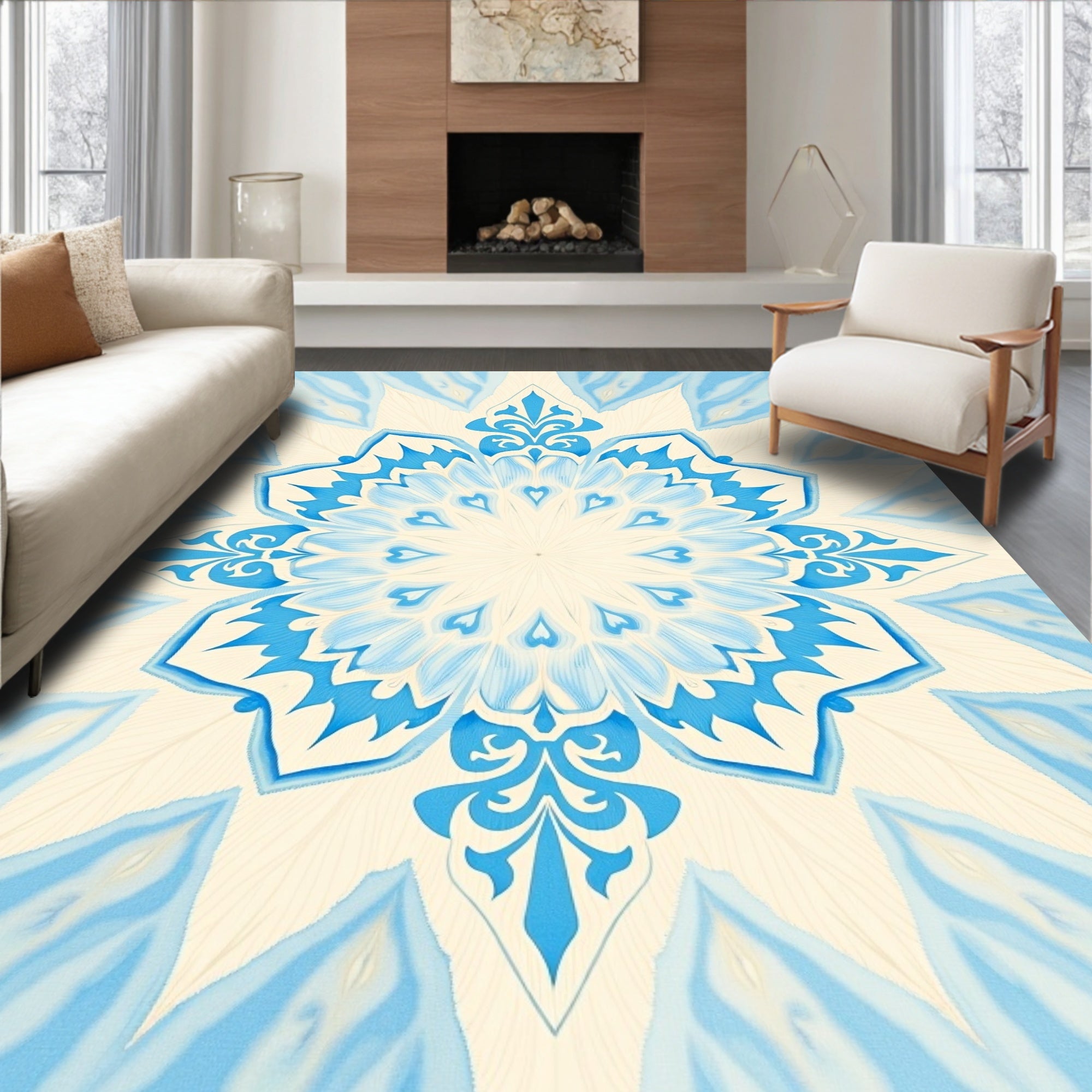 Intricate Blue White Floral Mandala Design Rug