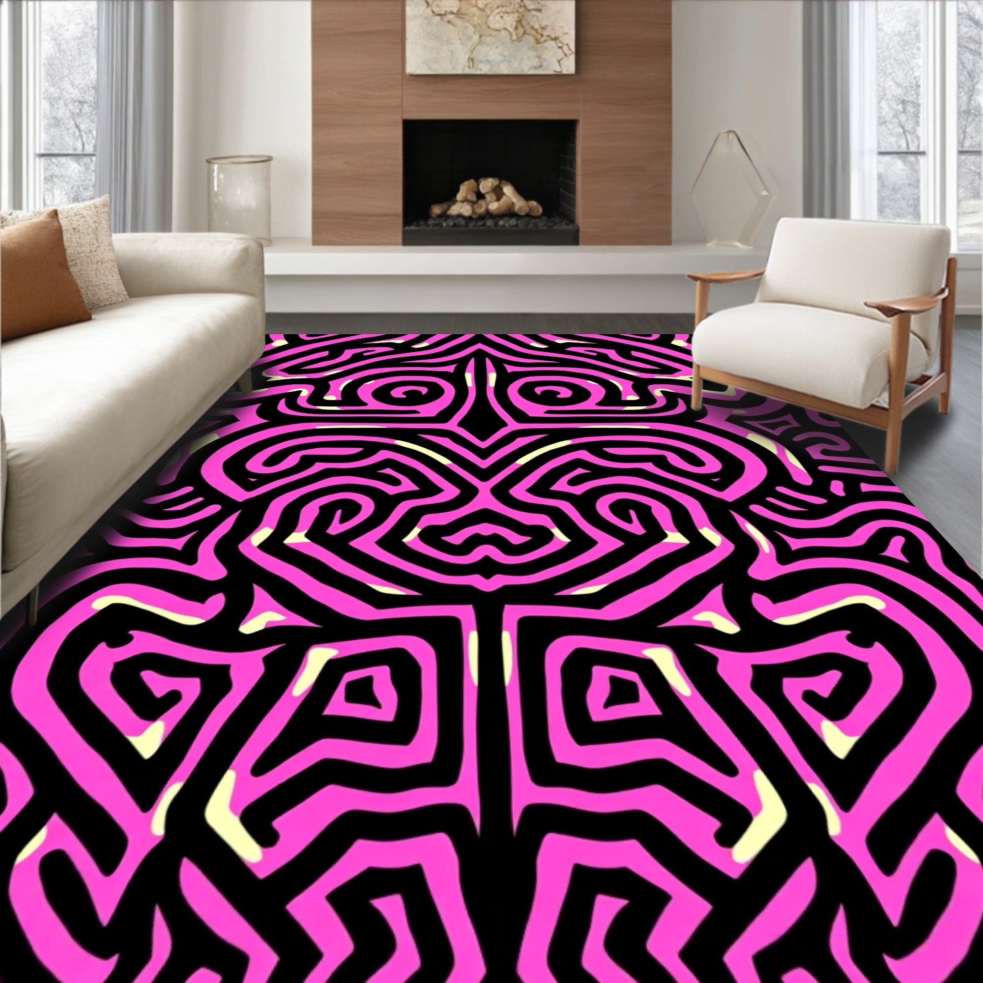Bold Pink Black Maze Pattern Rug
