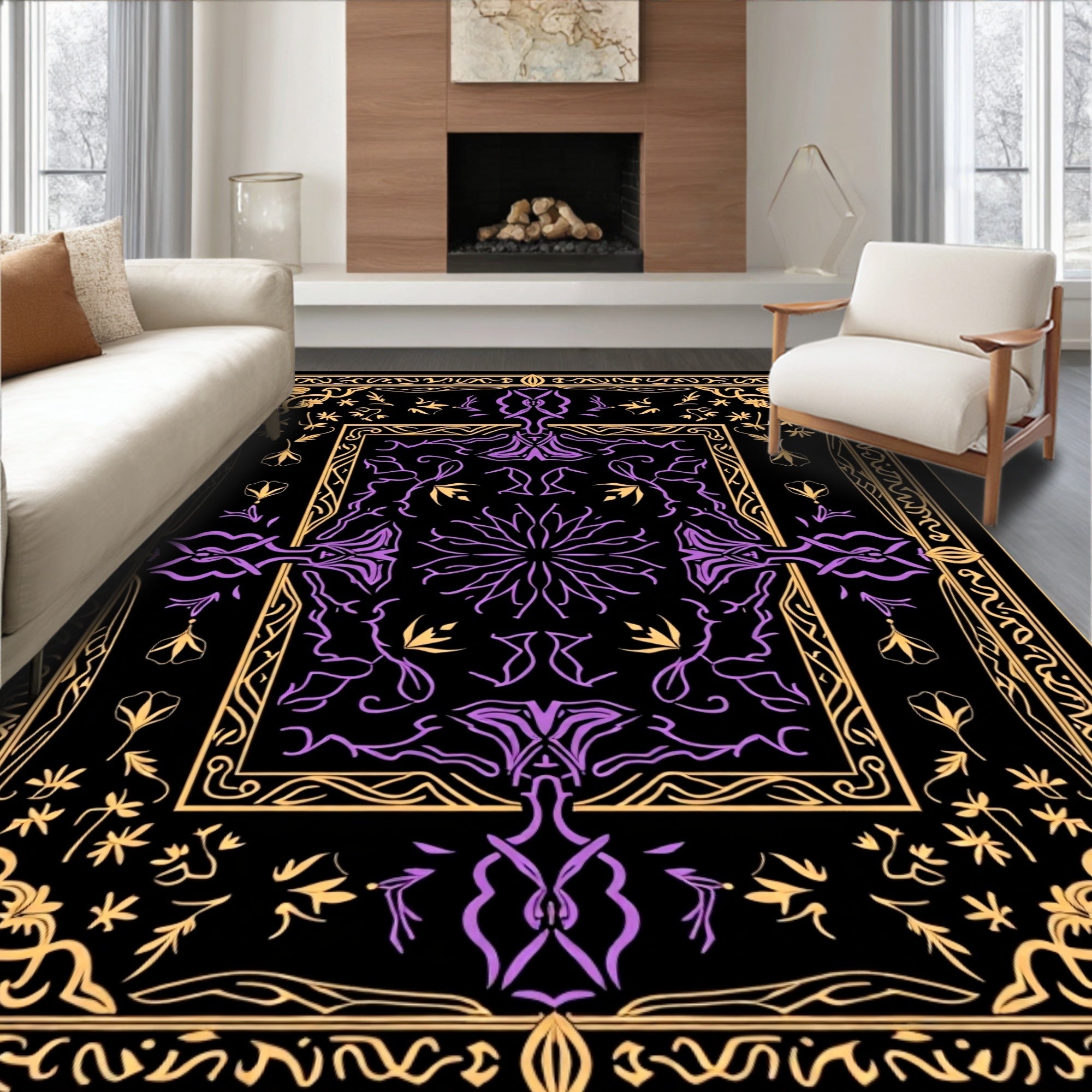 Ornate Black Purple Floral Medallion Rug