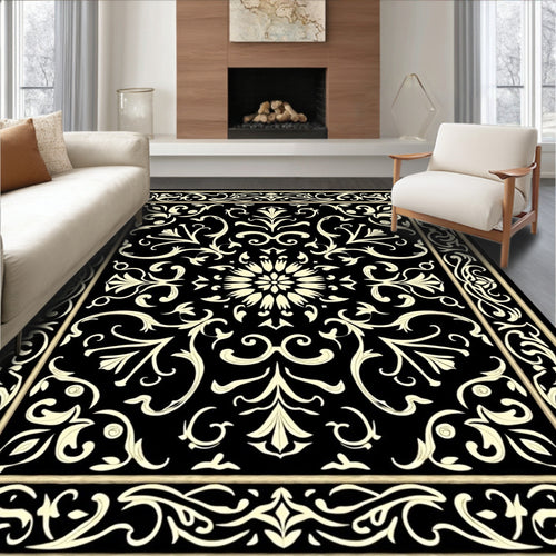 Black Cream Scrollwork Floral Pattern Rug