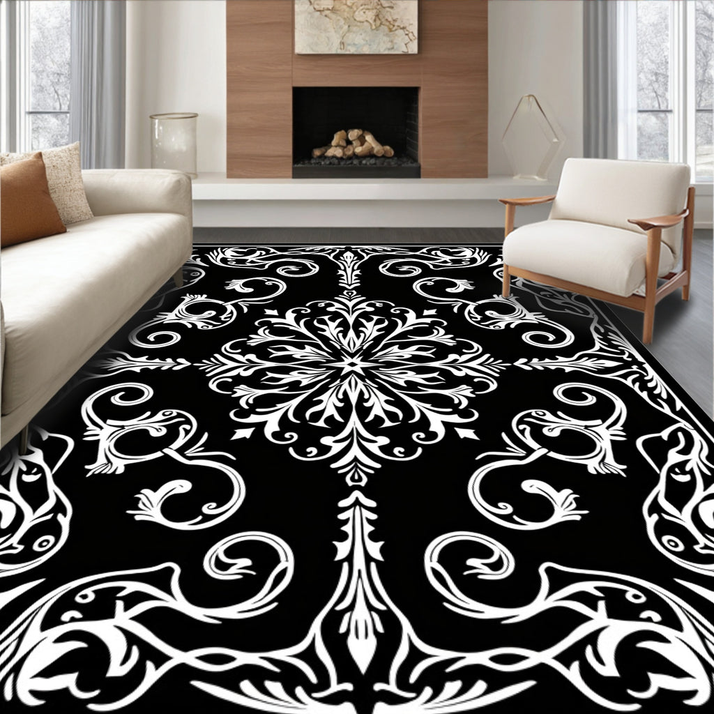 Intricate Black White Floral Scroll Pattern Rug