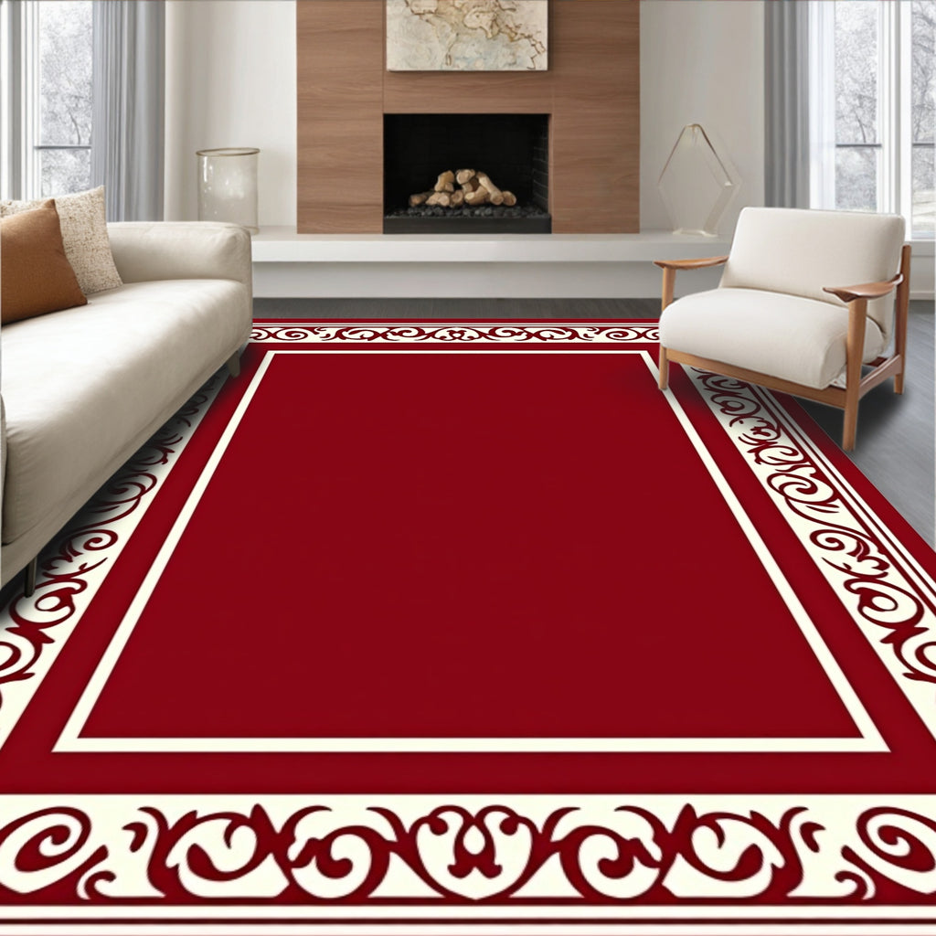 Ornate Scrollwork Crimson Frame Rug