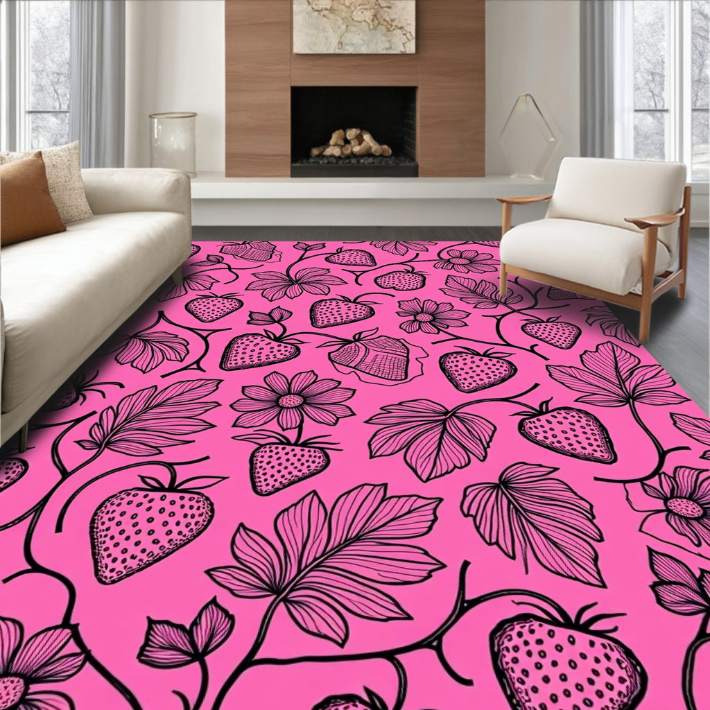 Pink Strawberry Vine Floral Pattern Rug