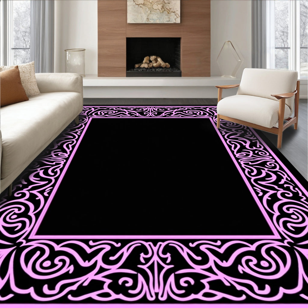 Ornate Pink Swirl Border Design Rug
