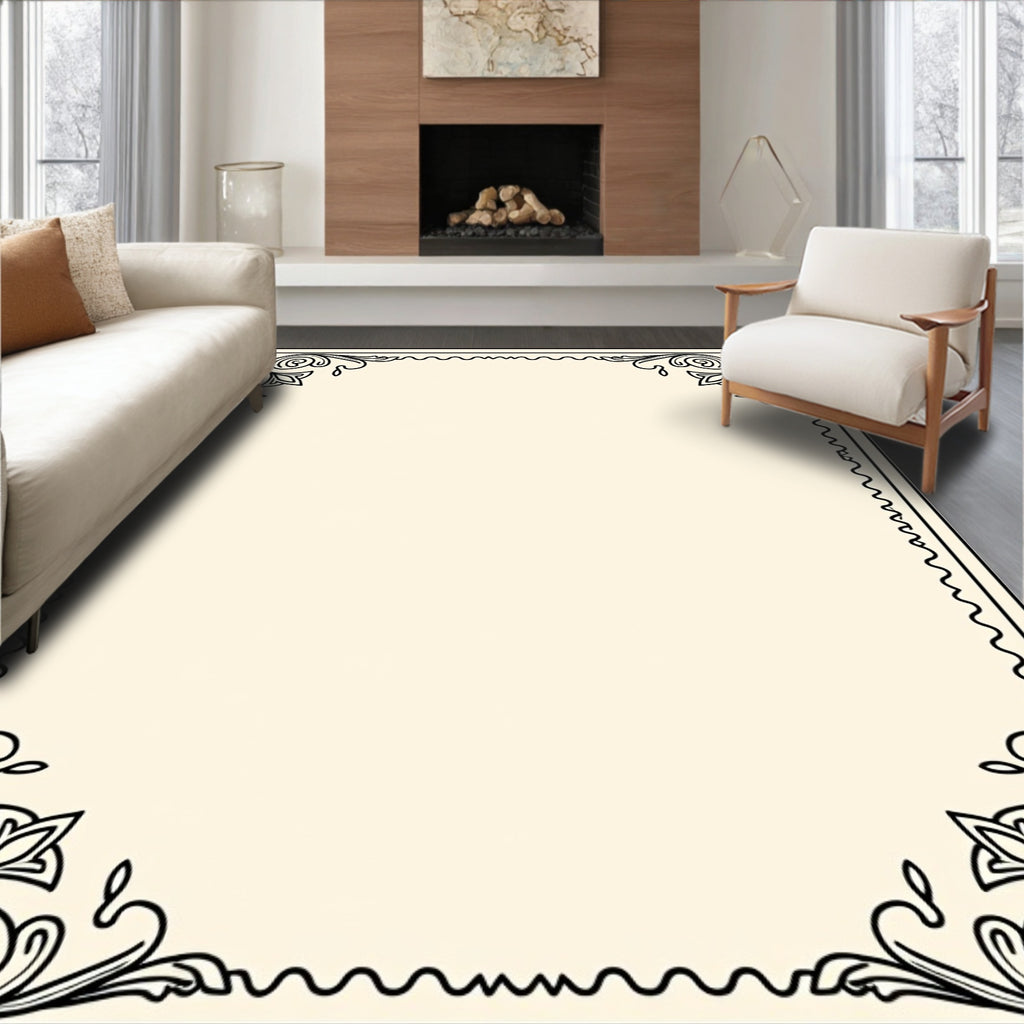 Ornate Black Scroll Floral Design Rug