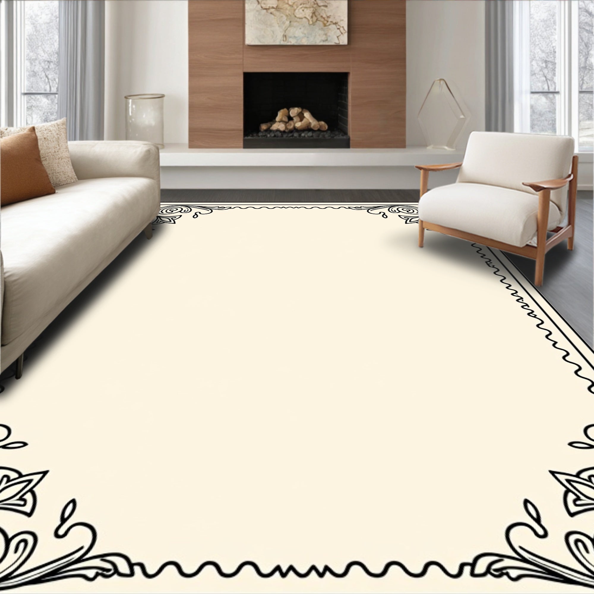 Ornate Black Scroll Floral Design Rug