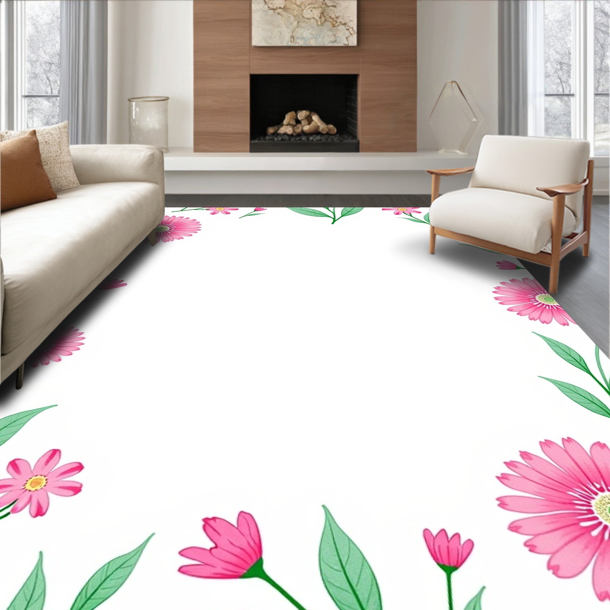 Pink Daisy Floral Pattern Rug