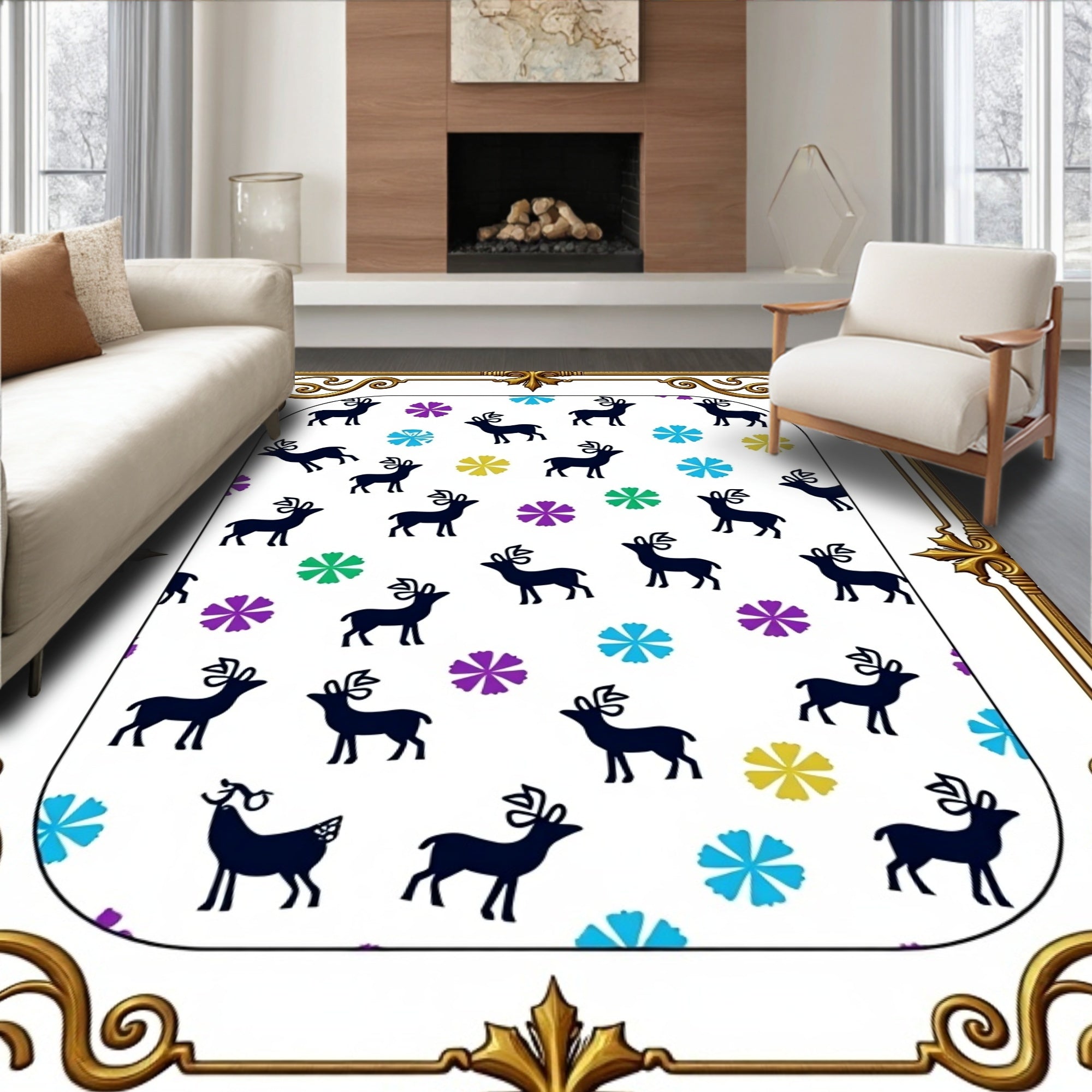 Delicate Forest Deer Multicolor Floral Rug