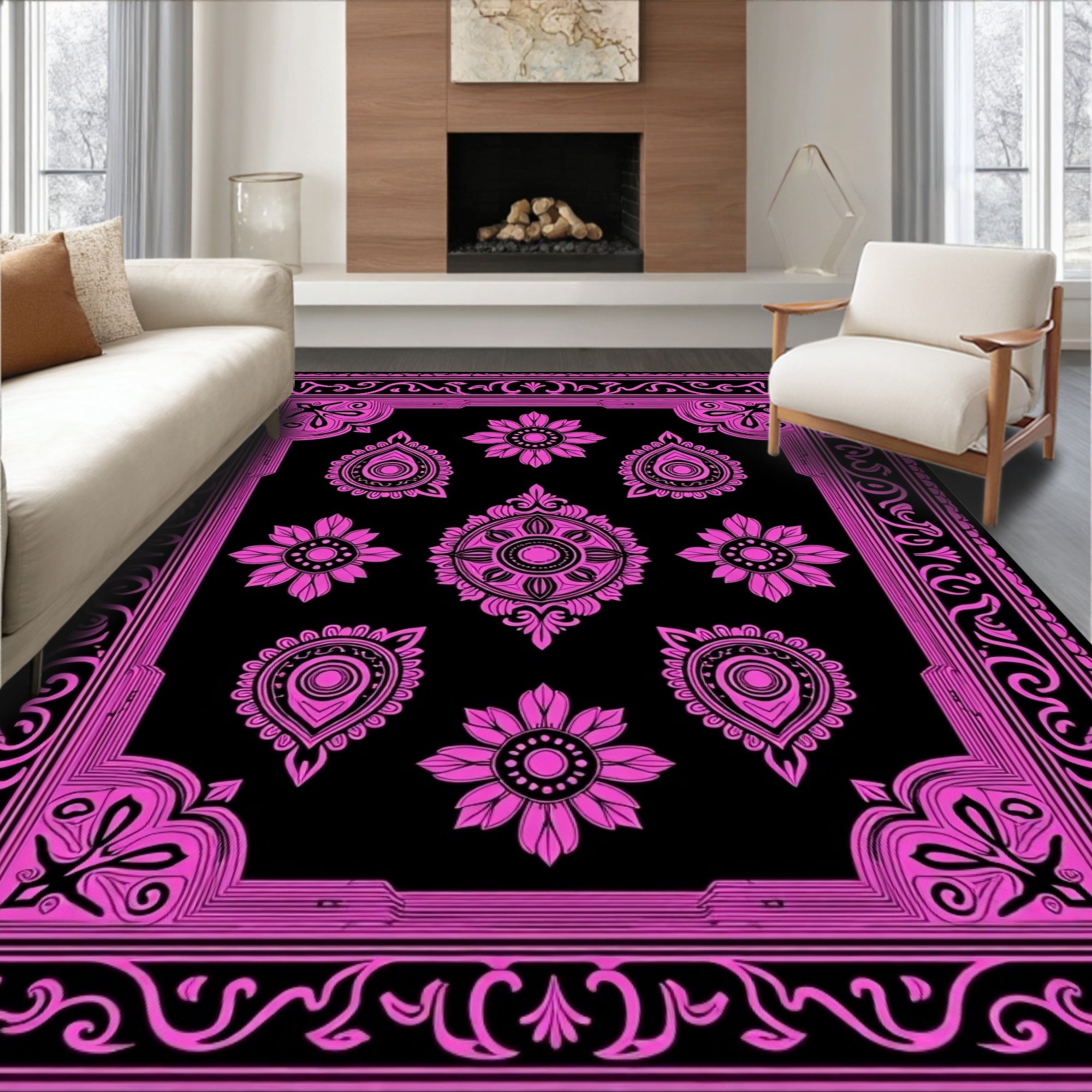 Vibrant Pink Floral Mandala Pattern Rug