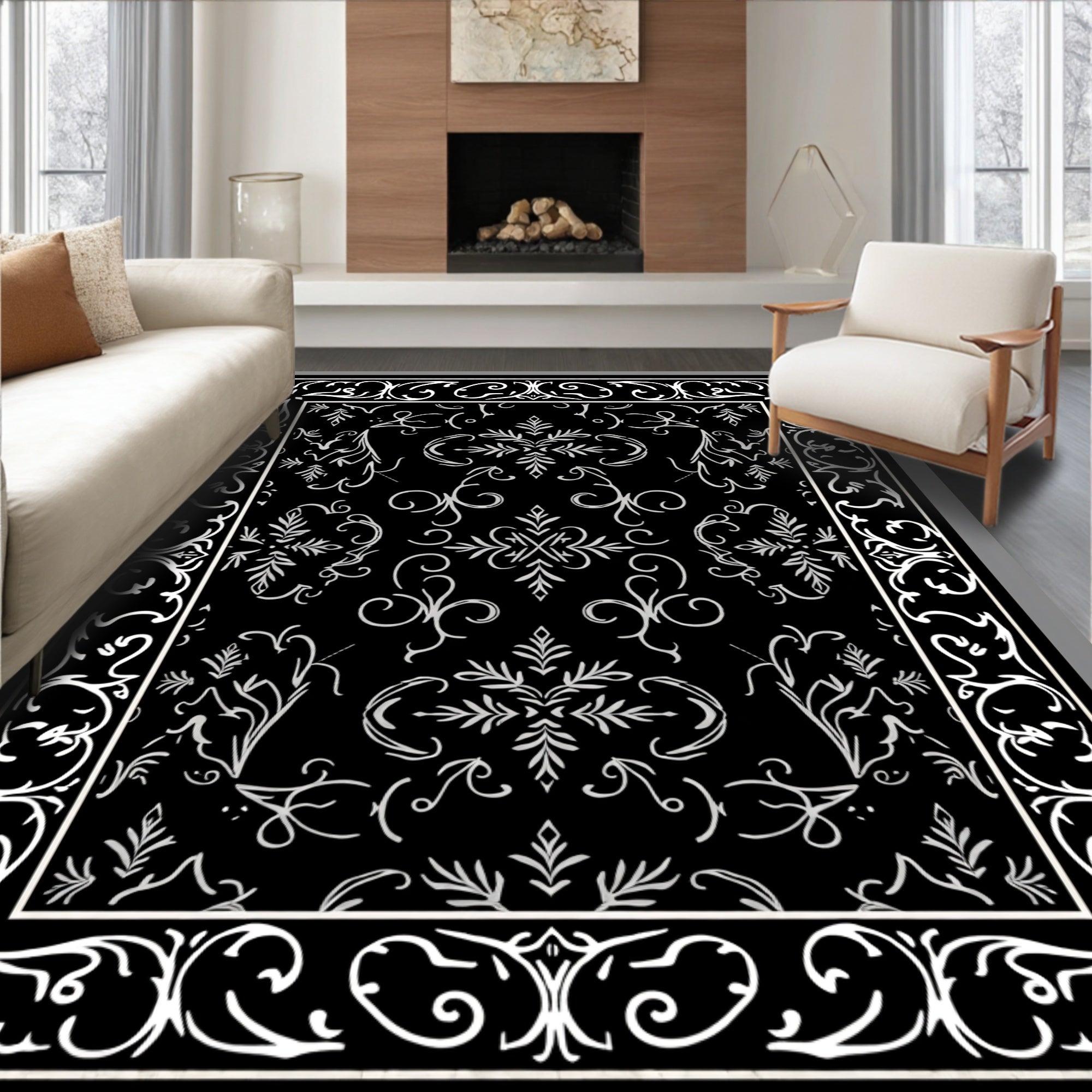 Black White Ornate Floral Pattern Rug