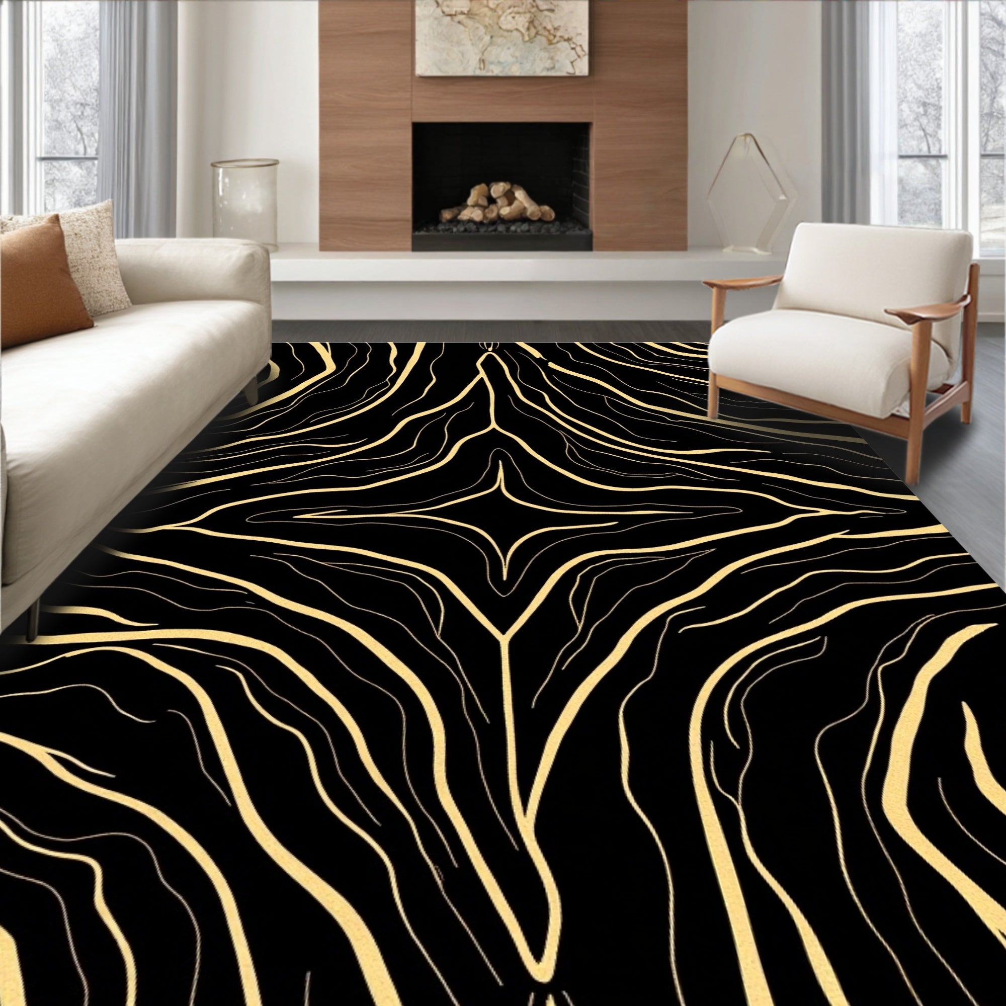 Black Gold Swirling Abstract Pattern Rug