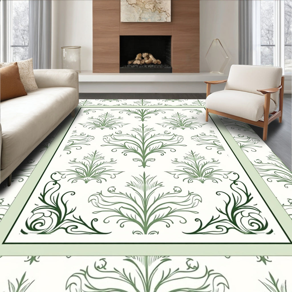 Green Damask Floral Patterned Rug
