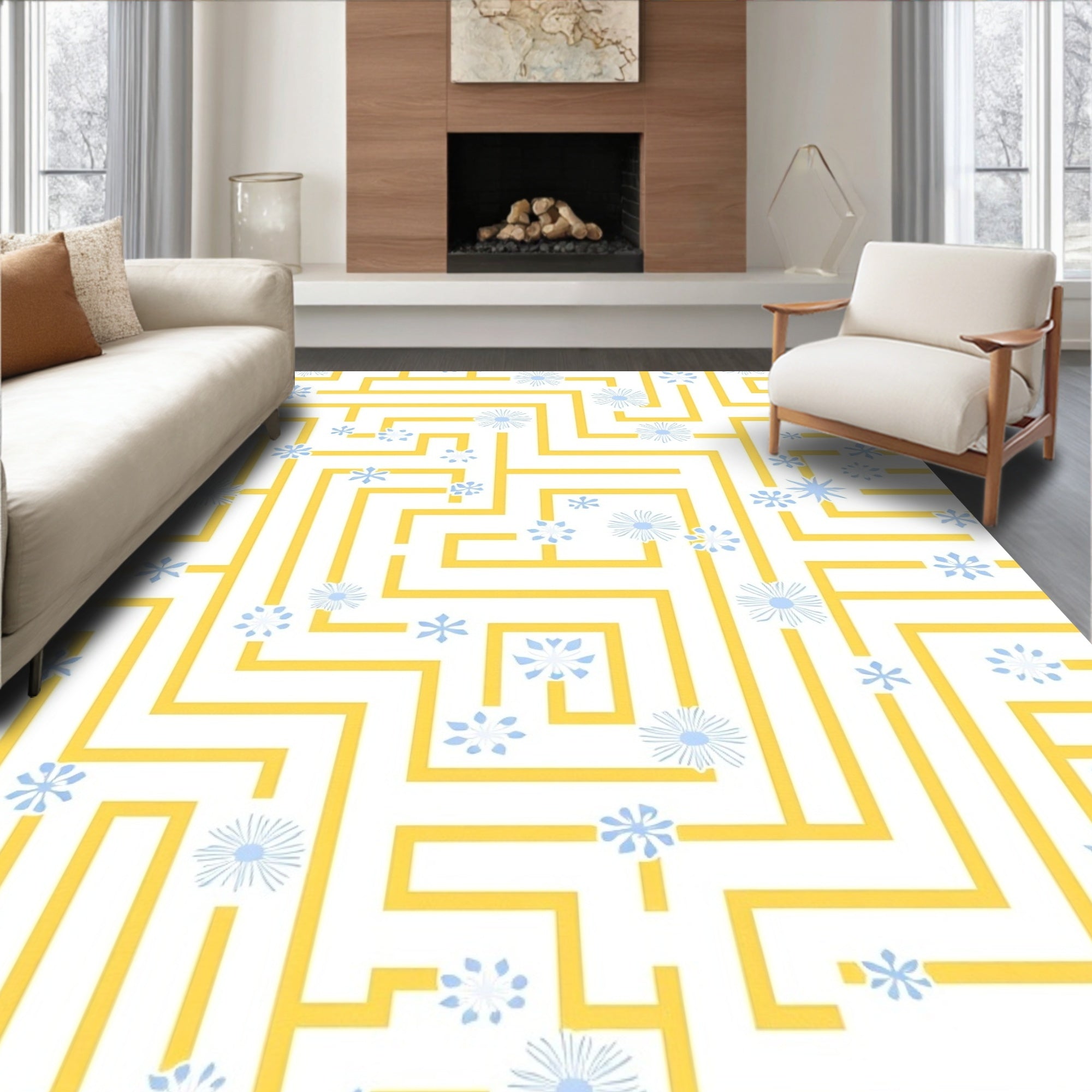 Yellow Maze with Blue Floral Accents Rug