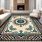 Black Teal Cream Geometric Medallion Rug