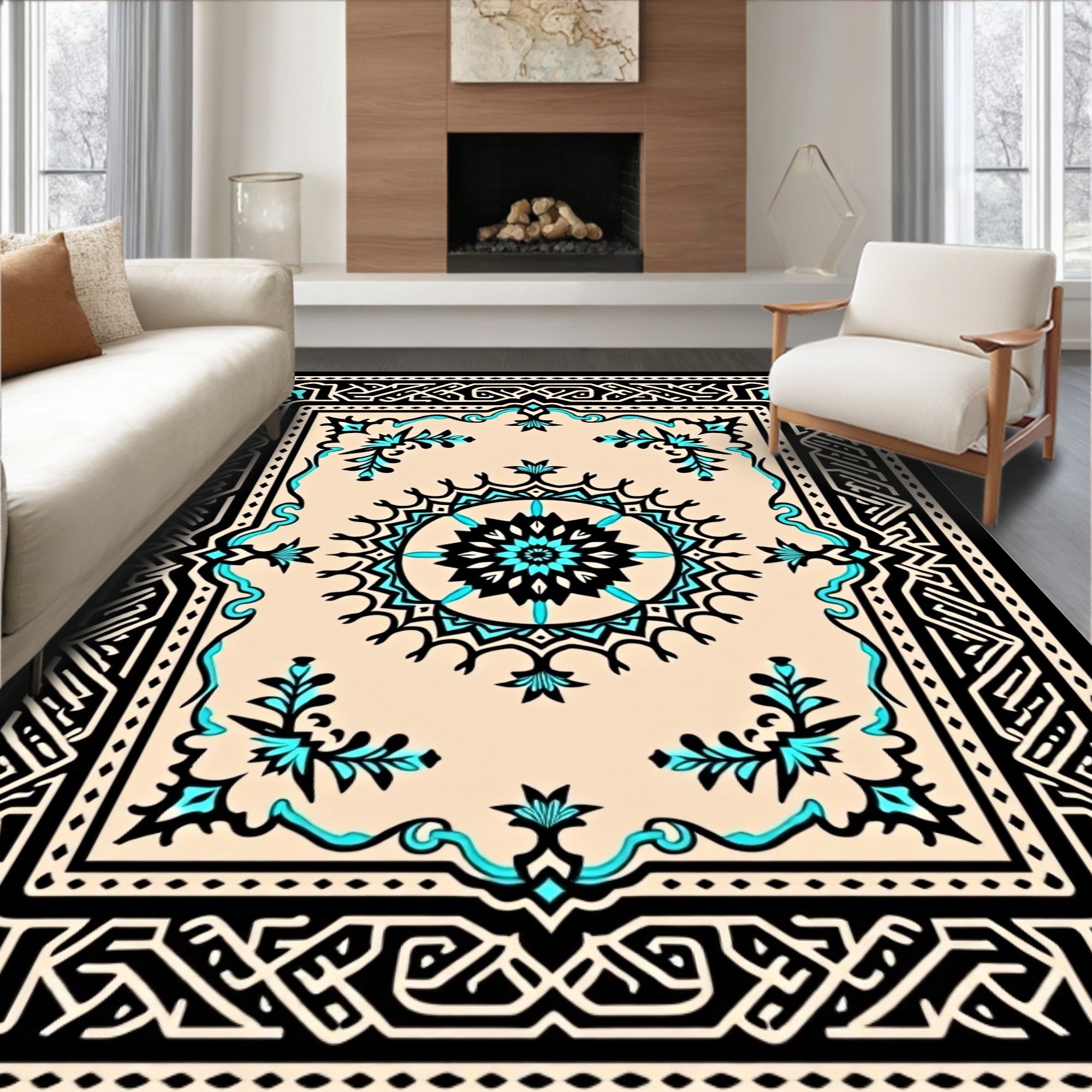 Black Teal Cream Geometric Medallion Rug