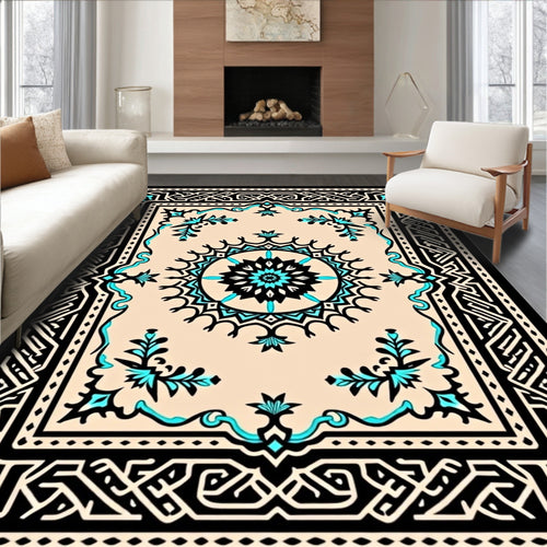 Black Teal Cream Geometric Medallion Rug
