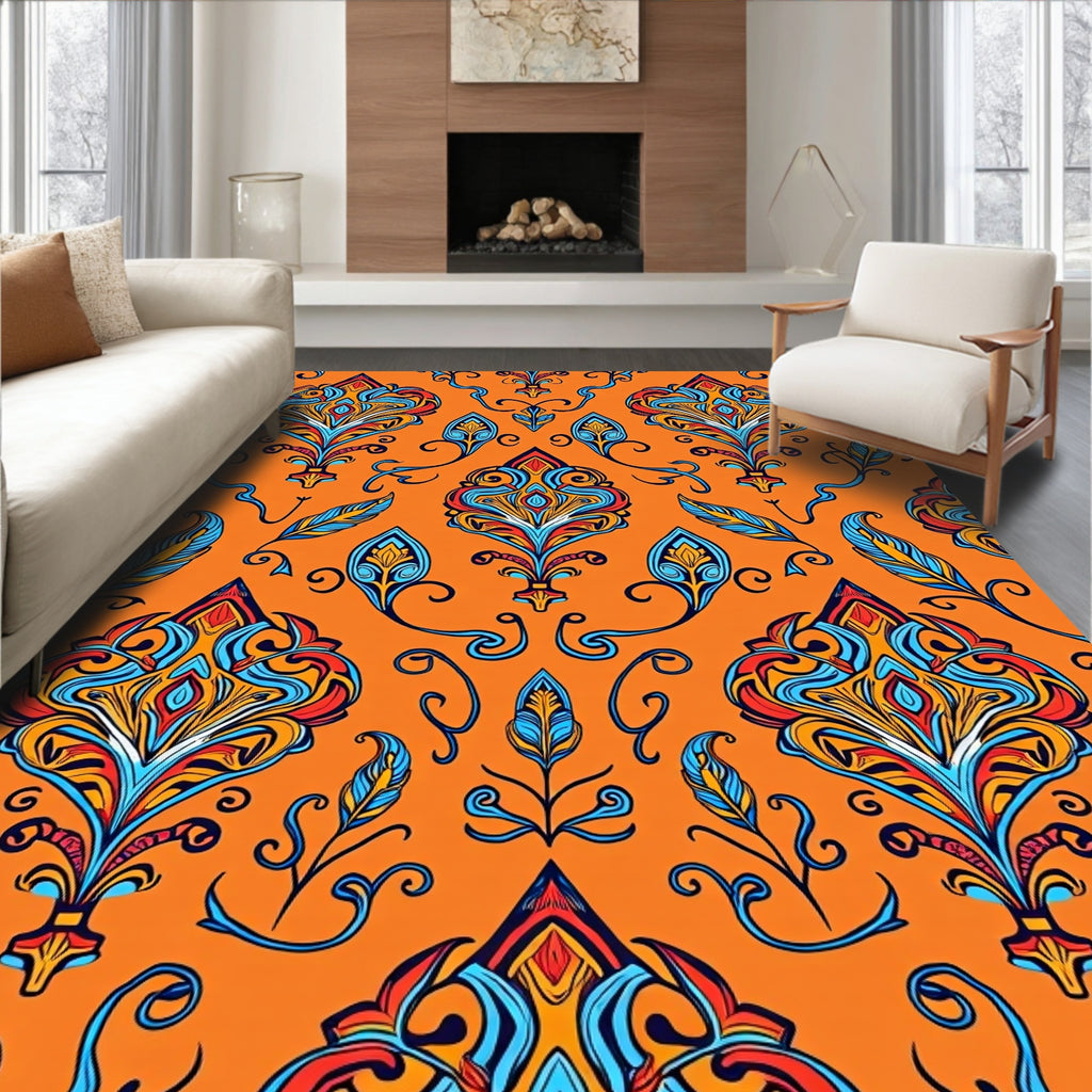 Vibrant Orange Floral Damask Rug