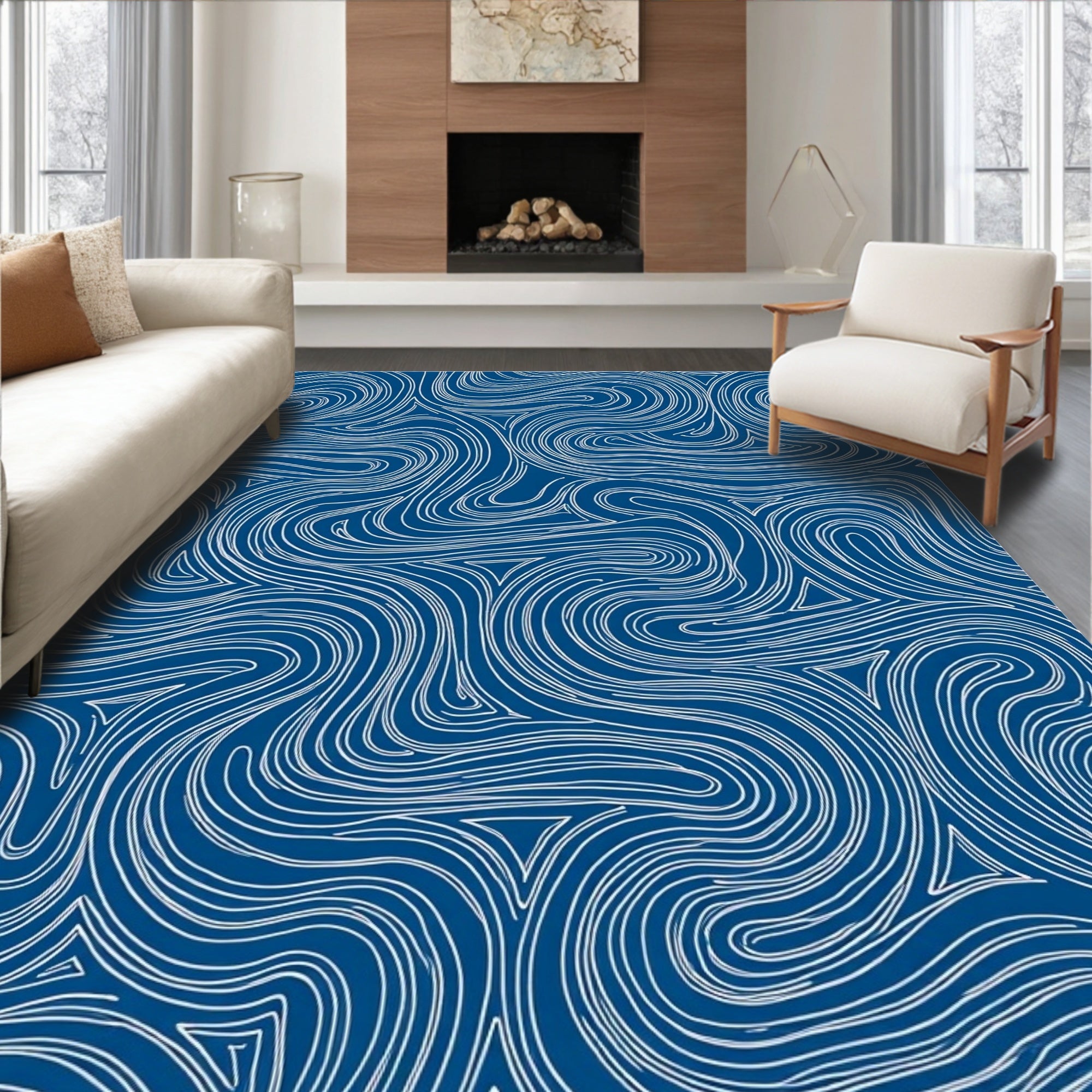 Blue Swirl Abstract Line Art Rug