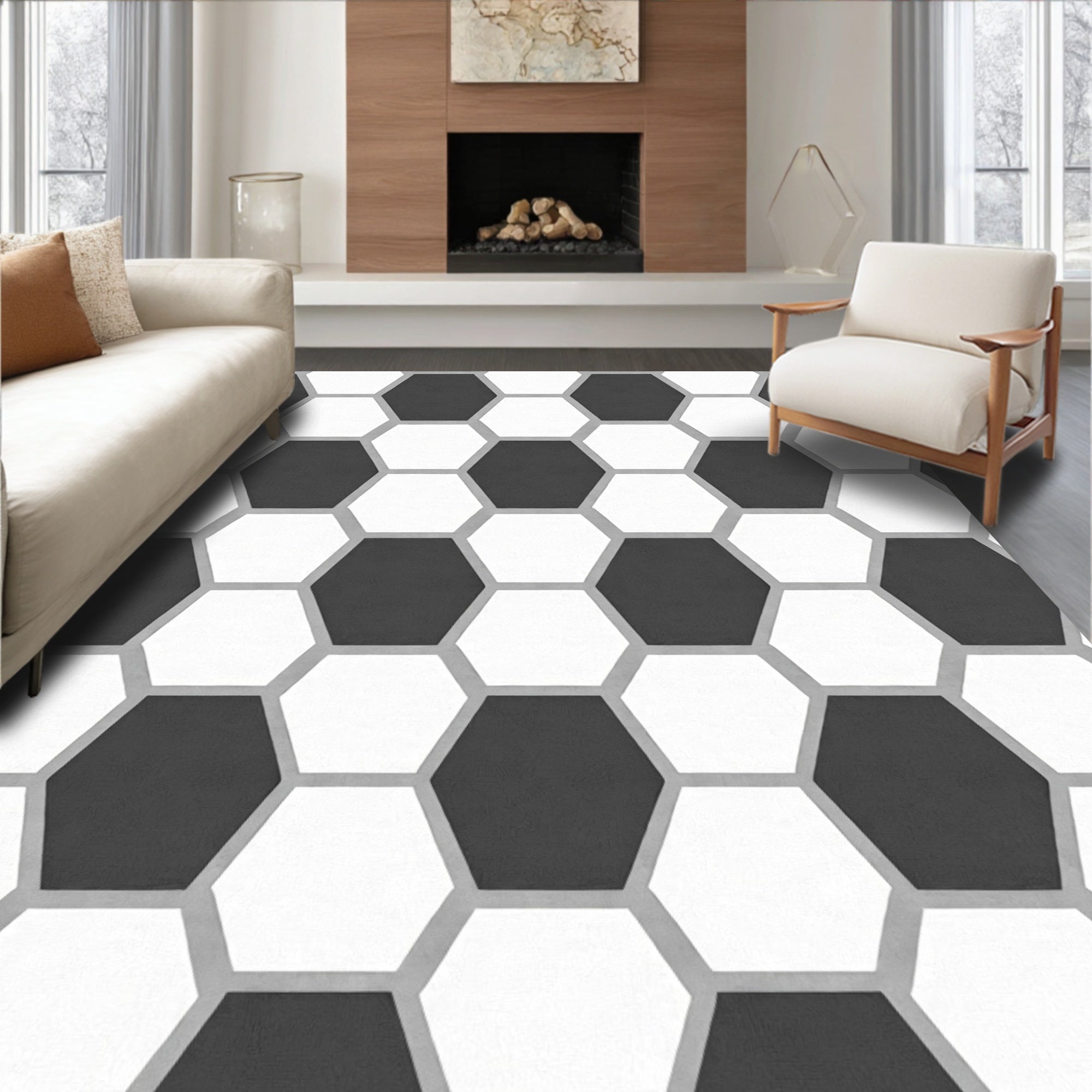 Black White Hexagon Pattern Design Rug