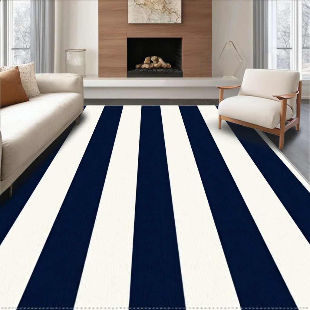 Classic Navy White Stripe Pattern Rug